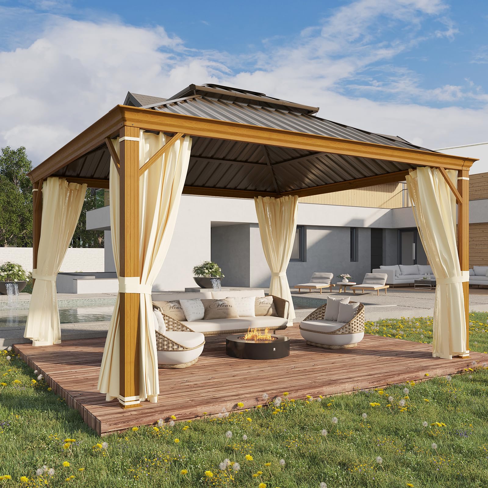 YOLENY 10'x13' Hardtop Gazebo, Outdoor Polycarbonate Double Roof Canopy, Aluminum Frame Permanent Pavilion with Curtains and Netting, Sunshade for Garden, Lawns, Patio