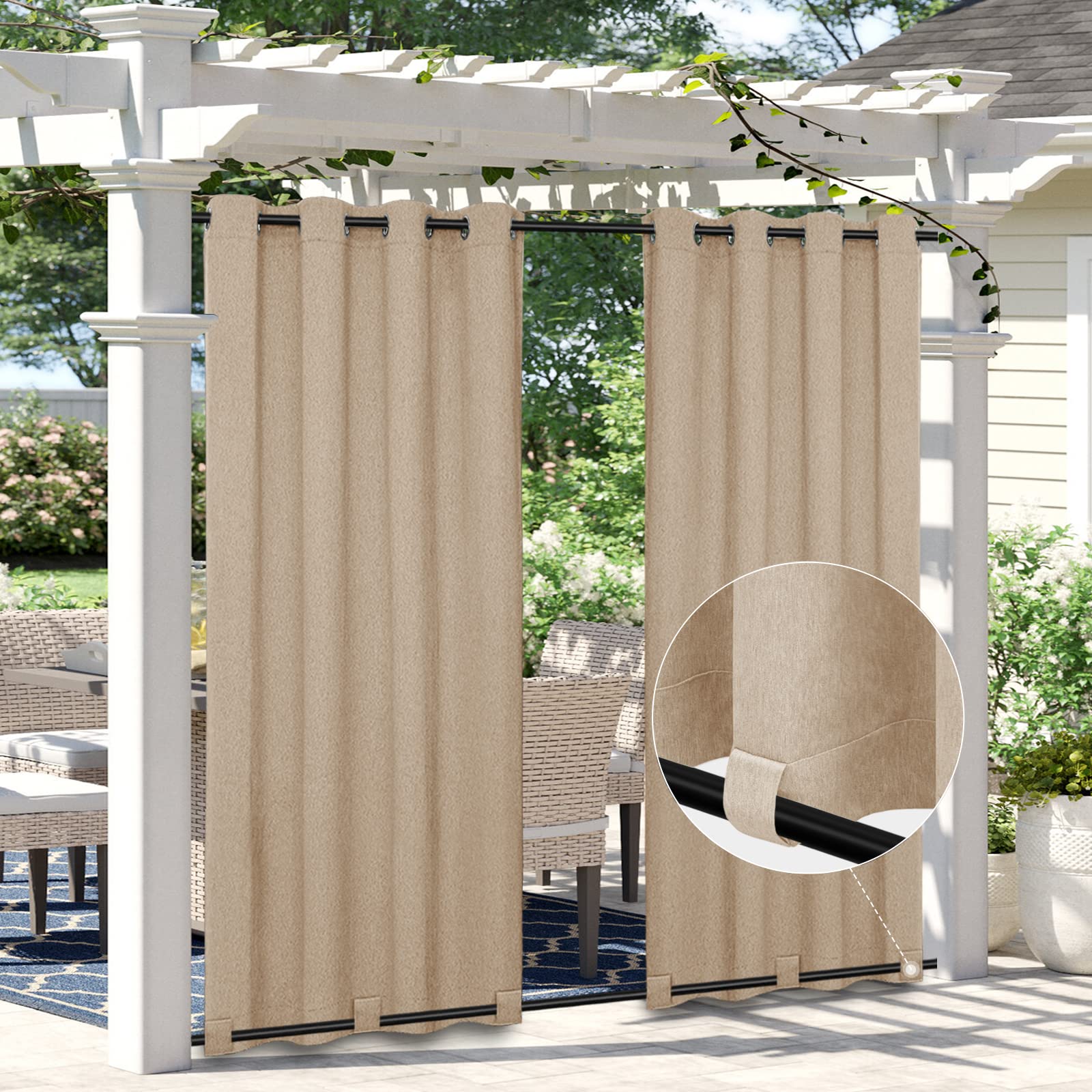 Easy-Going Linen Look Outdoor Curtains Waterproof Windproof Porch Curtains, Soft Thicken Outdoor Privacy Curtains for Patio, Gazebo, Grommet Top and Tab Bottom Drape, 1 Panel, 54x84 inch, White