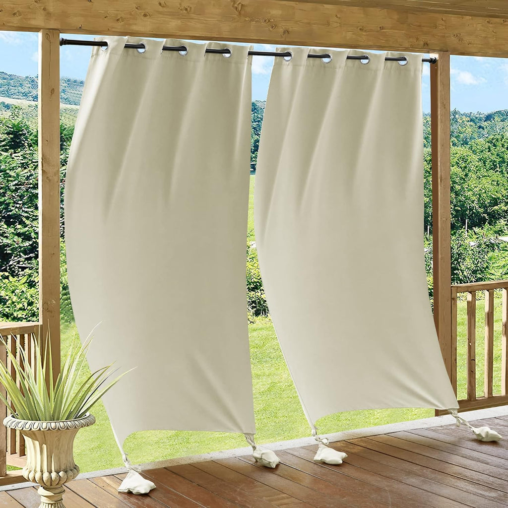 RYB HOME Outdoor Curtains for Patio Windproof with Weighted Bags, 2 Panels Waterproof Blackout Draperies Weather Resist Noise Reducing for Outside Living, W 52 x L 108 inch, Natural