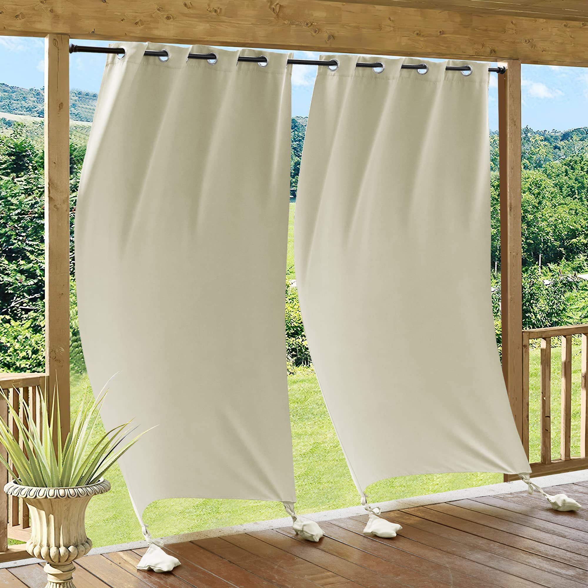RYB HOME Outdoor Curtains for Patio Windproof with Weighted Bags, 2 Panels Waterproof Blackout Draperies Weather Resist Noise Reducing for Outside Living, W 52 x L 108 inch, Natural