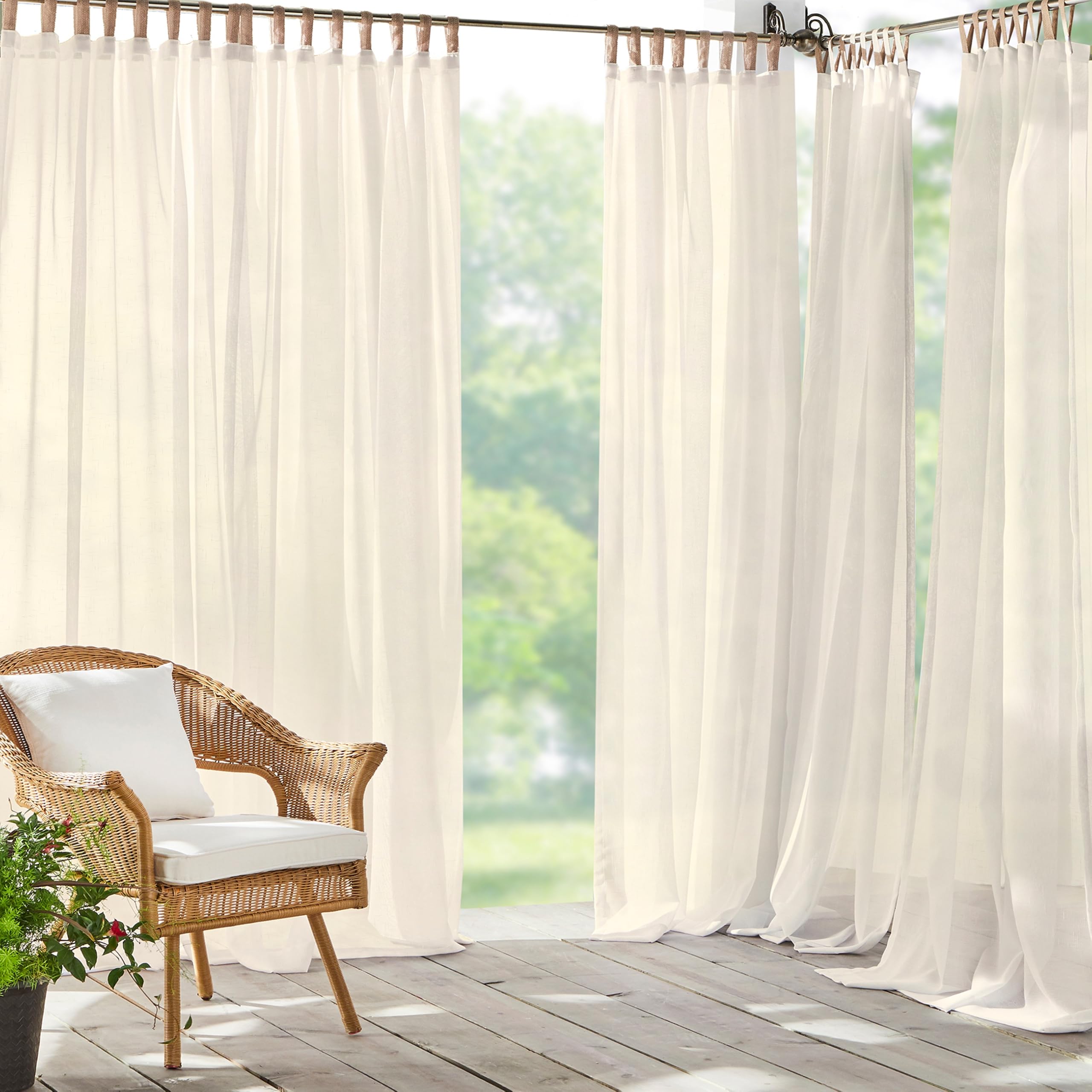 Elrene Home Fashions Darien Weatherproof Tab-Top Sheer Solid Color Indoor/Outdoor Curtain Panel for Porch, Pergola, Patio, Deck, 52”W x 108”L, Natural
