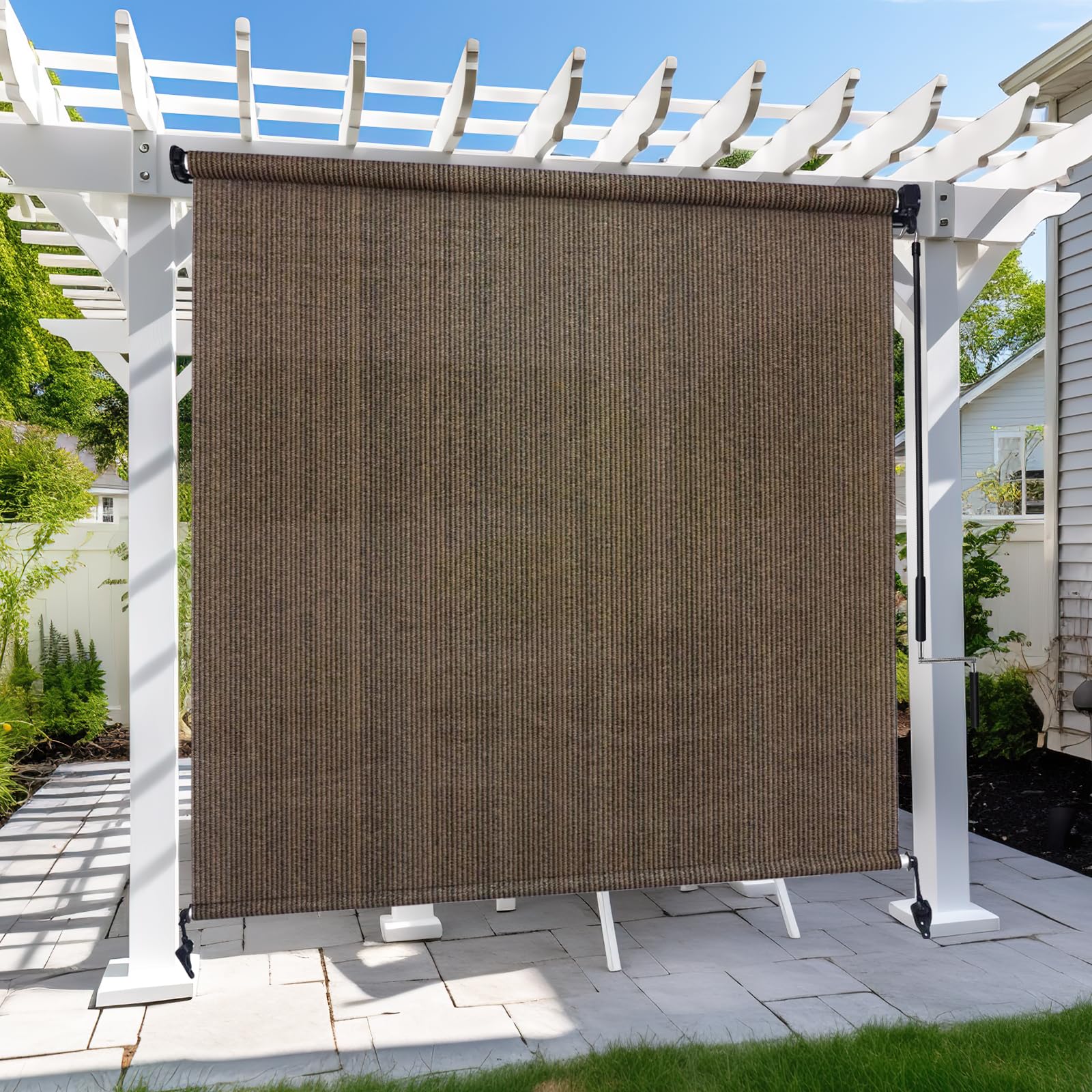 KANAGAWA Outdoor Roller Shade 8'X8' Mocha Exterior Cordless Patio Roll Up Shades for Outside Pergola Porch, Outdoor Blinds for Patio