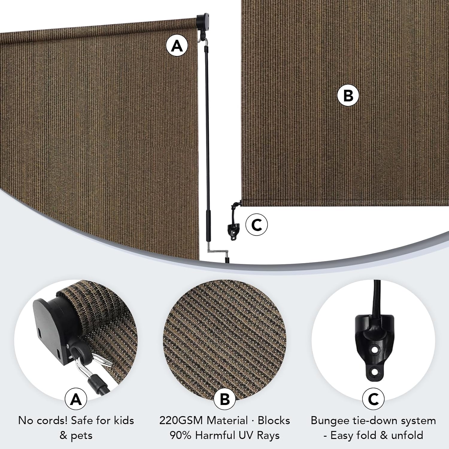 KANAGAWA 10'(W) x8'(H) Mocha Outdoor Roller Shade - Cordless Exterior Roll Up Sun Shade for Patio, Pergola, Front Porch, Gazebo - Outdoor Blinds Screens for Patio