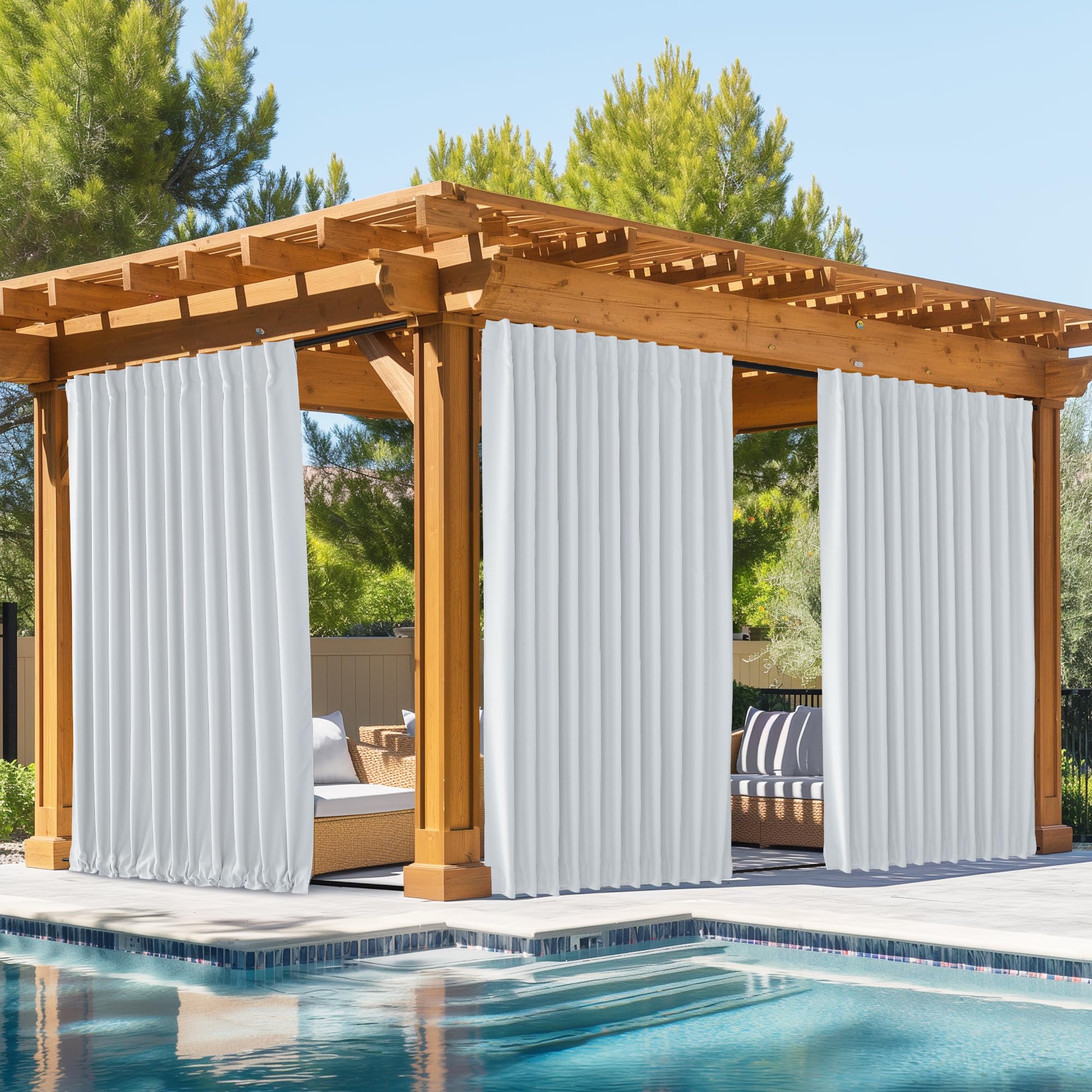 NICETOWN 2 Panels Outdoor Curtains Waterproof Pocket & Back Tab on Top & Bottom, Thermal Insulated Windproof Sun Blocking Outside Privacy Drapes for Patio with Fixed Rope, W84 x L84, Natural