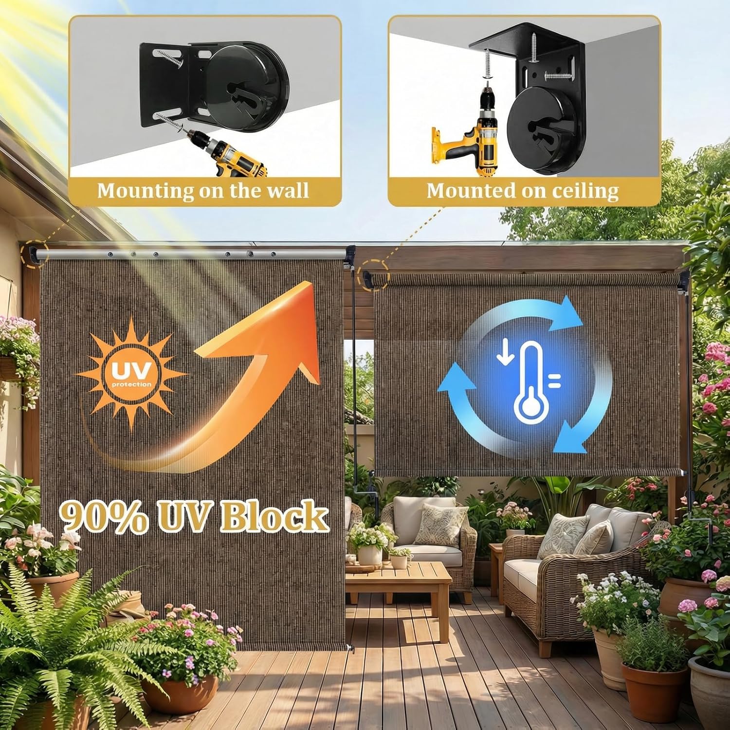 KANAGAWA Outdoor Roller Shade 8'X8' Mocha Exterior Cordless Patio Roll Up Shades for Outside Pergola Porch, Outdoor Blinds for Patio