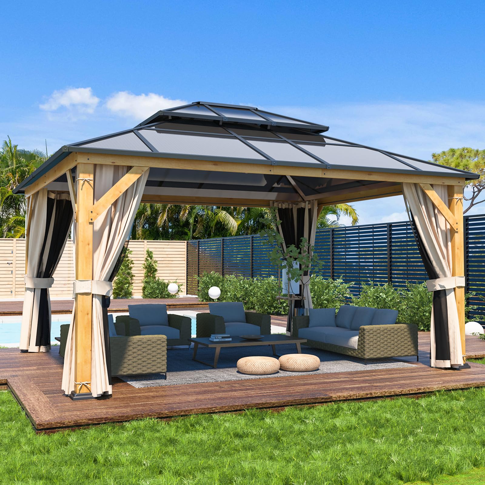 YOLENY 10'x13' Hardtop Gazebo, Outdoor Polycarbonate Double Roof Canopy, Aluminum Frame Permanent Pavilion with Curtains and Netting, Sunshade for Garden, Lawns, Patio