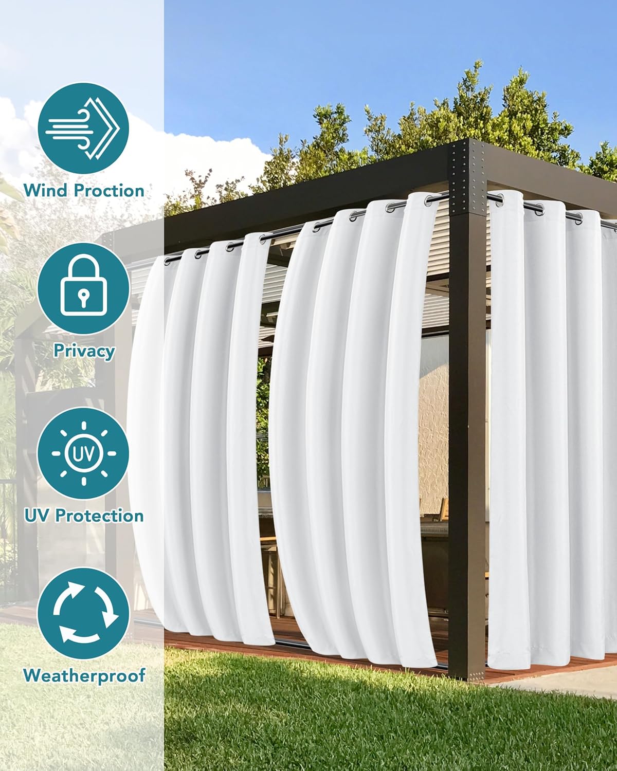 HolidayIdeas Outdoor Curtains for Patio Waterproof 4 Panels 54x95 Inch-Windproof Weatherproof Privacy White Curtains-Grommet Top and Tab Bottom Drape for Gazebo, Porch, Pergola, Cabana, Backyard