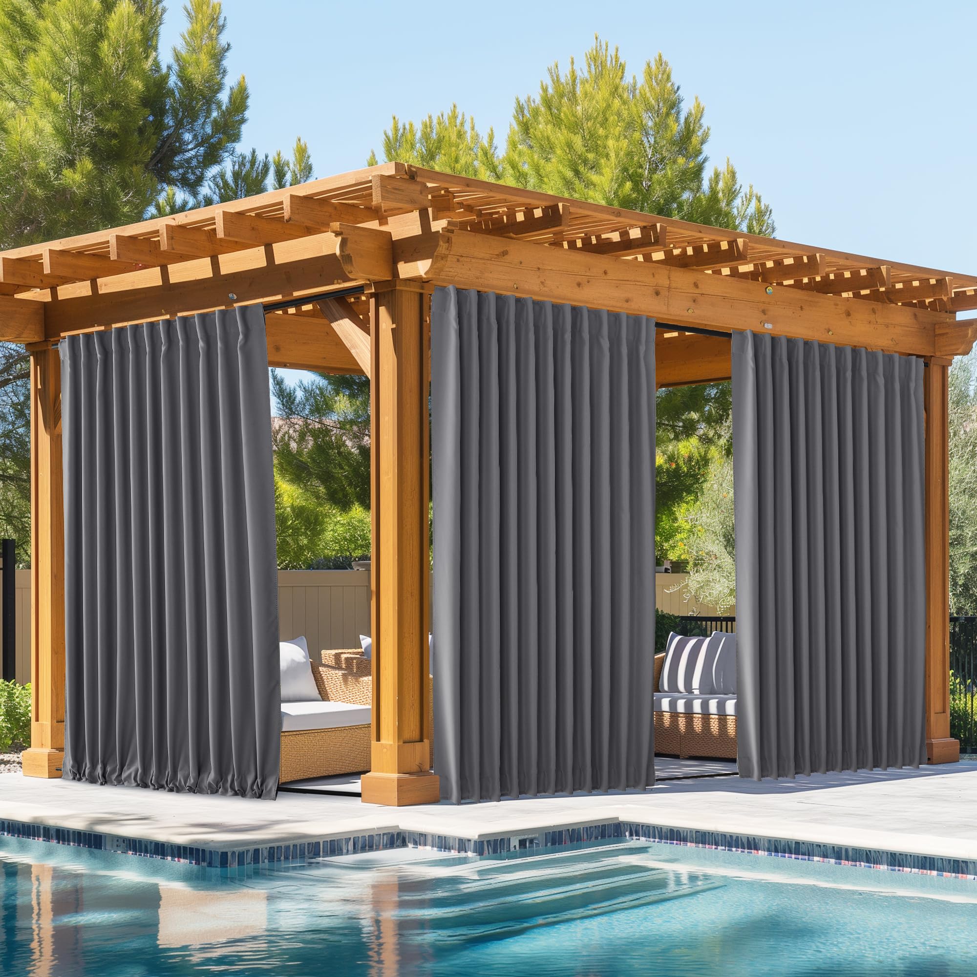 NICETOWN 2 Panels Outdoor Curtains Waterproof Pocket & Back Tab on Top & Bottom, Thermal Insulated Windproof Sun Blocking Outside Privacy Drapes for Patio with Fixed Rope, W84 x L84, Natural