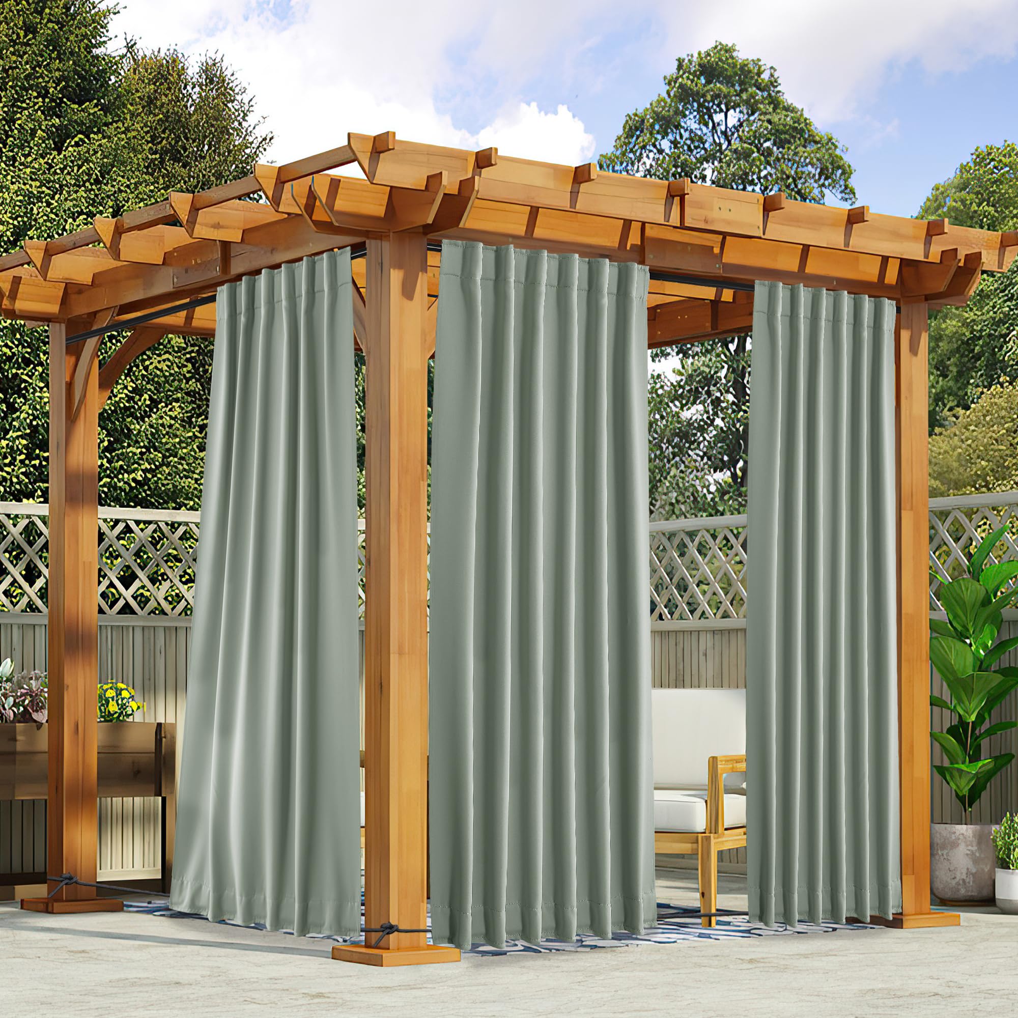 NICETOWN 2 Panels Outdoor Curtains Waterproof Pocket & Back Tab on Top & Bottom, Thermal Insulated Windproof Sun Blocking Outside Privacy Drapes for Patio with Fixed Rope, W84 x L84, Natural