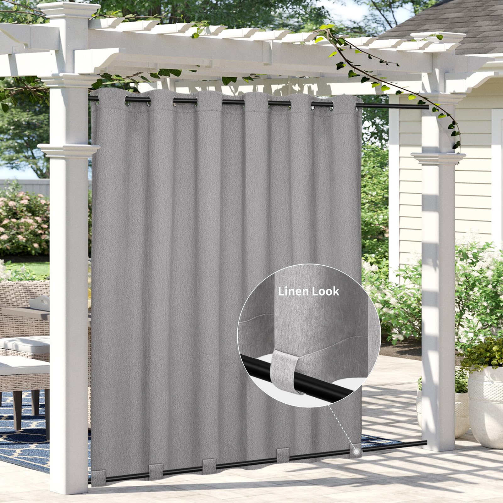 Easy-Going Linen Look Outdoor Curtains Waterproof Windproof Porch Curtains, Soft Thicken Outdoor Privacy Curtains for Patio, Gazebo, Grommet Top and Tab Bottom Drape, 1 Panel, 54x84 inch, White