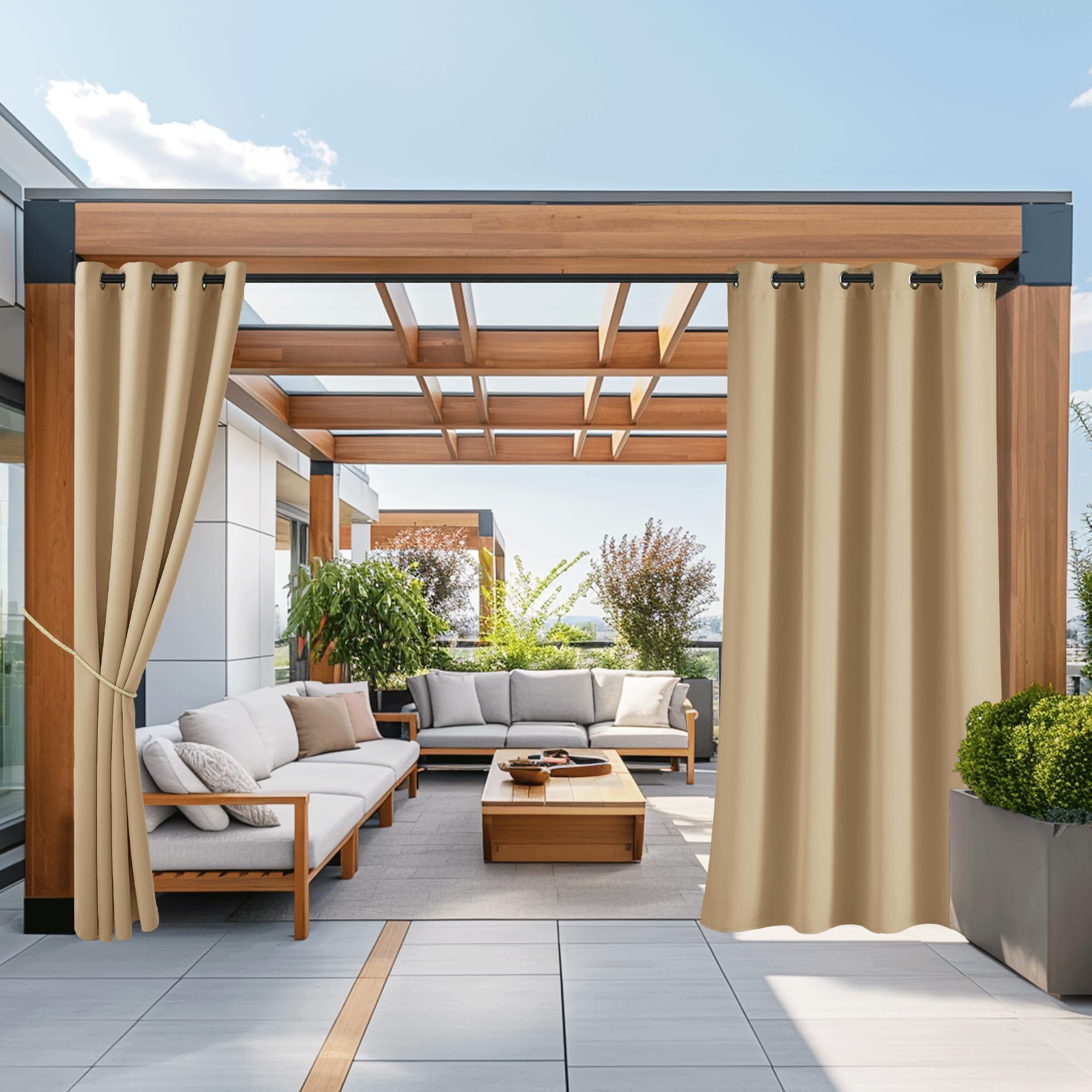 NICETOWN Outdoor Curtains for Patio Waterproof 95" L, Blackout Gazebo Curtain for Pergola/Porch Weatherproof, UV & Privacy Protection Outside Drape, 52" Wide, 1 Panel, Biscotti Beige