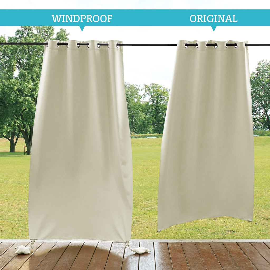 RYB HOME Outdoor Curtains for Patio Windproof with Weighted Bags, 2 Panels Waterproof Blackout Draperies Weather Resist Noise Reducing for Outside Living, W 52 x L 108 inch, Natural