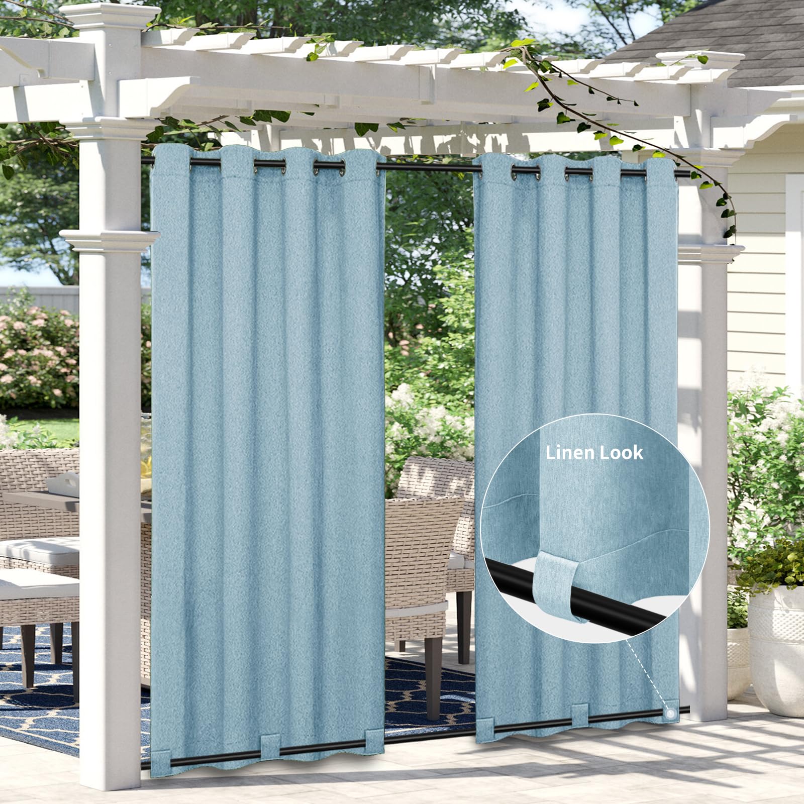 Easy-Going Linen Look Outdoor Curtains Waterproof Windproof Porch Curtains, Soft Thicken Outdoor Privacy Curtains for Patio, Gazebo, Grommet Top and Tab Bottom Drape, 1 Panel, 54x84 inch, White