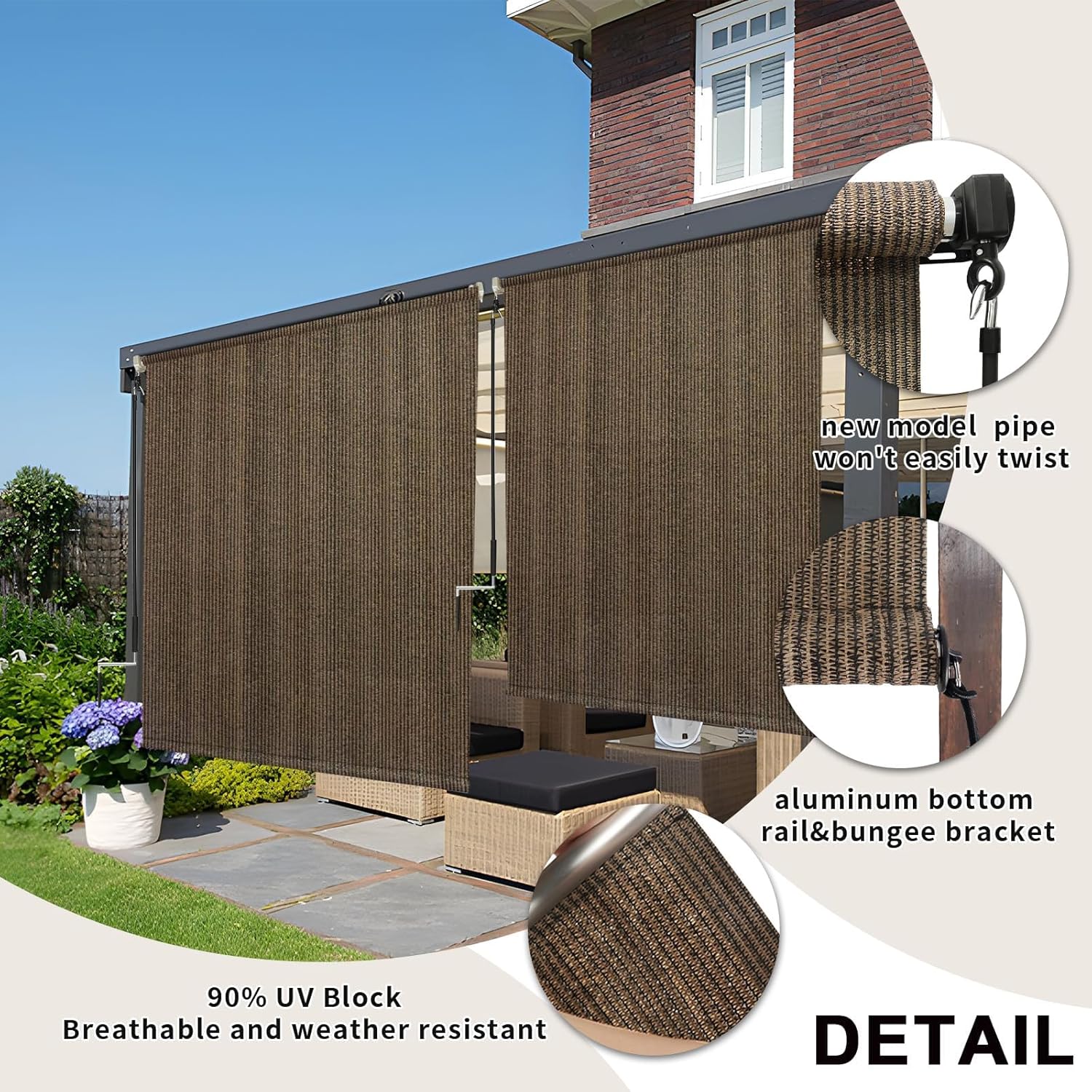 KANAGAWA Outdoor Roller Shade 8'X8' Mocha Exterior Cordless Patio Roll Up Shades for Outside Pergola Porch, Outdoor Blinds for Patio
