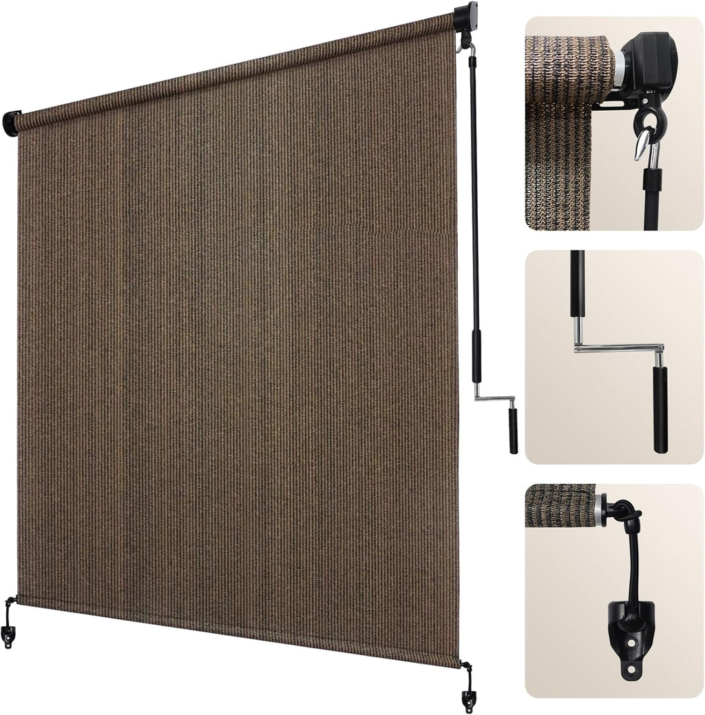 Artpuch Outdoor Roller Shade 8' W x 6' H, Mocha Exterior Cordless Patio Shades Roll Up Blinds with Spliced Pole Design, (2 Poles, One-Piece Fabric)