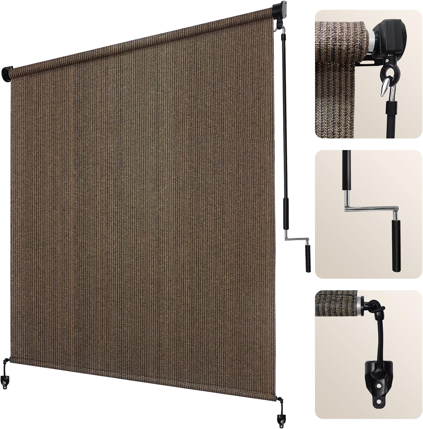 Artpuch Outdoor Roller Shade 8' W x 6' H, Mocha Exterior Cordless Patio Shades Roll Up Blinds with Spliced Pole Design, (2 Poles, One-Piece Fabric)