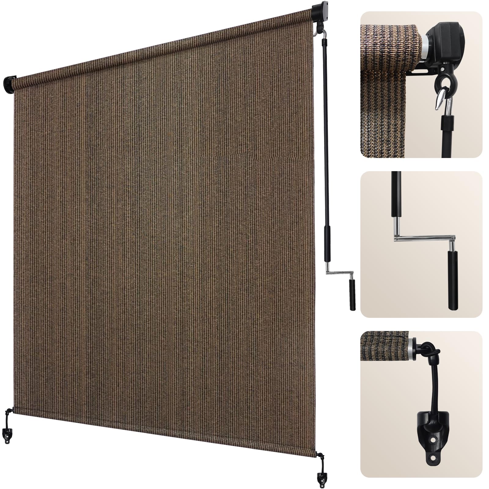 Artpuch Outdoor Roller Shade 8' W x 6' H, Mocha Exterior Cordless Patio Shades Roll Up Blinds with Spliced Pole Design, (2 Poles, One-Piece Fabric)