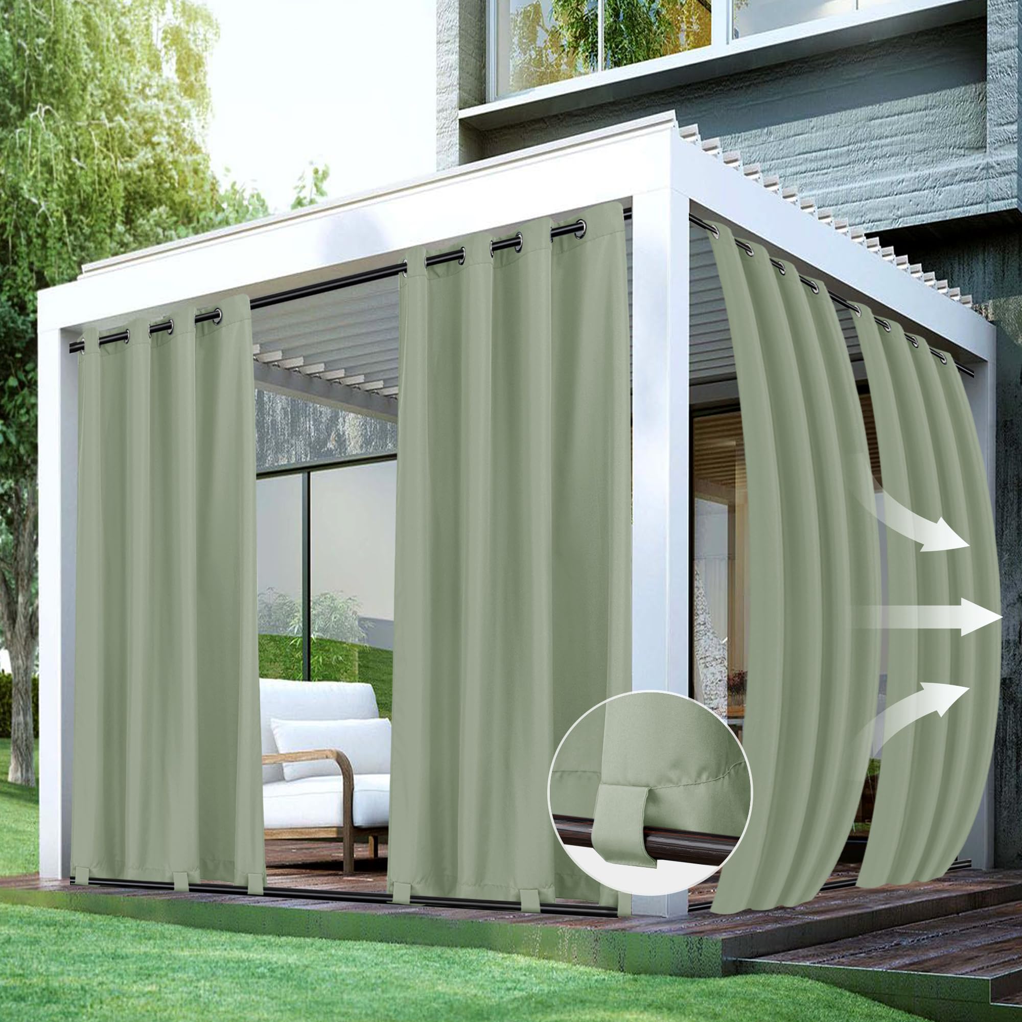 HolidayIdeas Outdoor Curtains for Patio Waterproof 4 Panels 54x95 Inch-Windproof Weatherproof Privacy White Curtains-Grommet Top and Tab Bottom Drape for Gazebo, Porch, Pergola, Cabana, Backyard