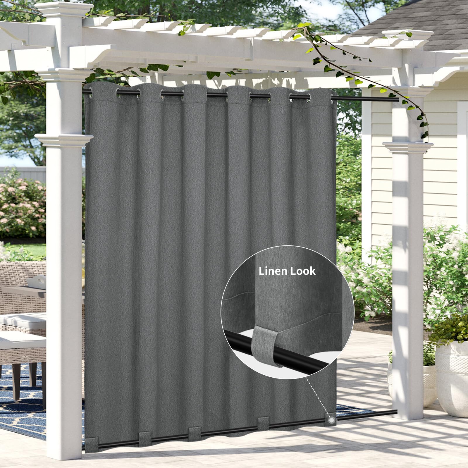 Easy-Going Linen Look Outdoor Curtains Waterproof Windproof Porch Curtains, Soft Thicken Outdoor Privacy Curtains for Patio, Gazebo, Grommet Top and Tab Bottom Drape, 1 Panel, 54x84 inch, White