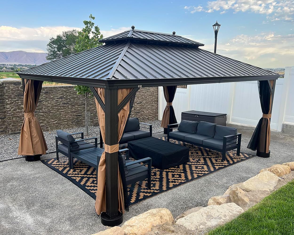 PURPLE LEAF 10' X 12' Hardtop Gazebo Canopy with Netting and Curtains for Outdoor Deck Backyard Heavy Duty Sunshade Outside Metal Patio Permanent Pavilion