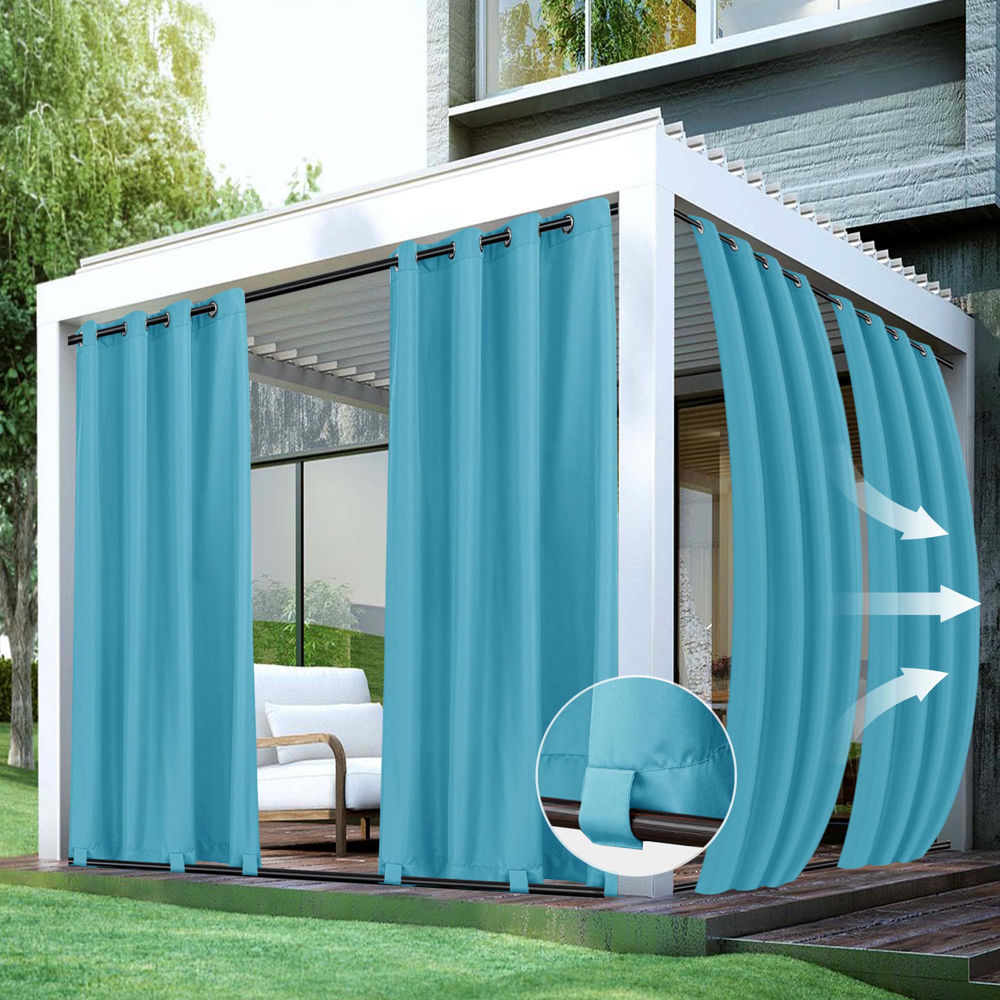 HolidayIdeas Outdoor Curtains for Patio Waterproof 4 Panels 54x95 Inch-Windproof Weatherproof Privacy White Curtains-Grommet Top and Tab Bottom Drape for Gazebo, Porch, Pergola, Cabana, Backyard
