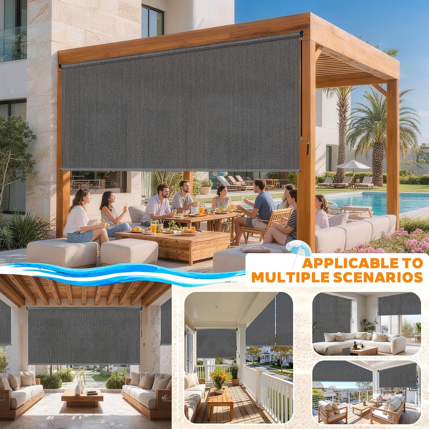 Grey Outdoor Roller Shades 8' W x 8' H, Exterior Cordless Patio Shade Roll up-Down Blinds Spliced Design (Fixed 2 Poles, One-Full Piece Fabric Sunshade)
