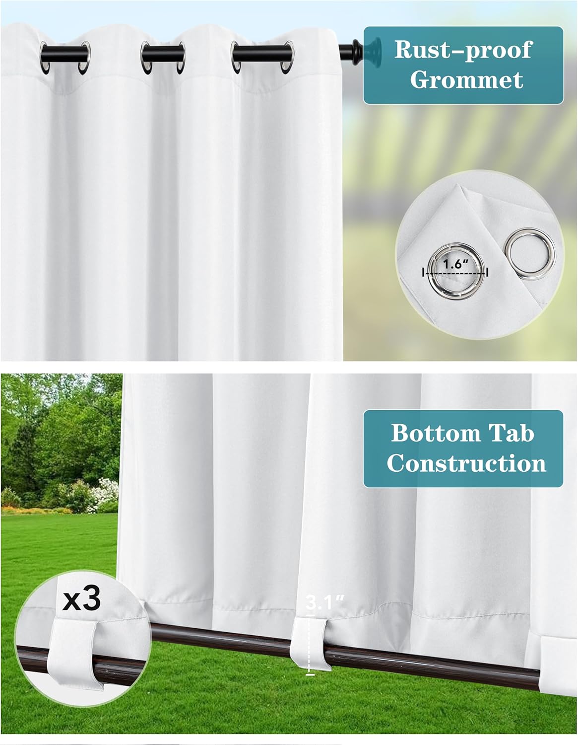 HolidayIdeas Outdoor Curtains for Patio Waterproof 4 Panels 54x95 Inch-Windproof Weatherproof Privacy White Curtains-Grommet Top and Tab Bottom Drape for Gazebo, Porch, Pergola, Cabana, Backyard