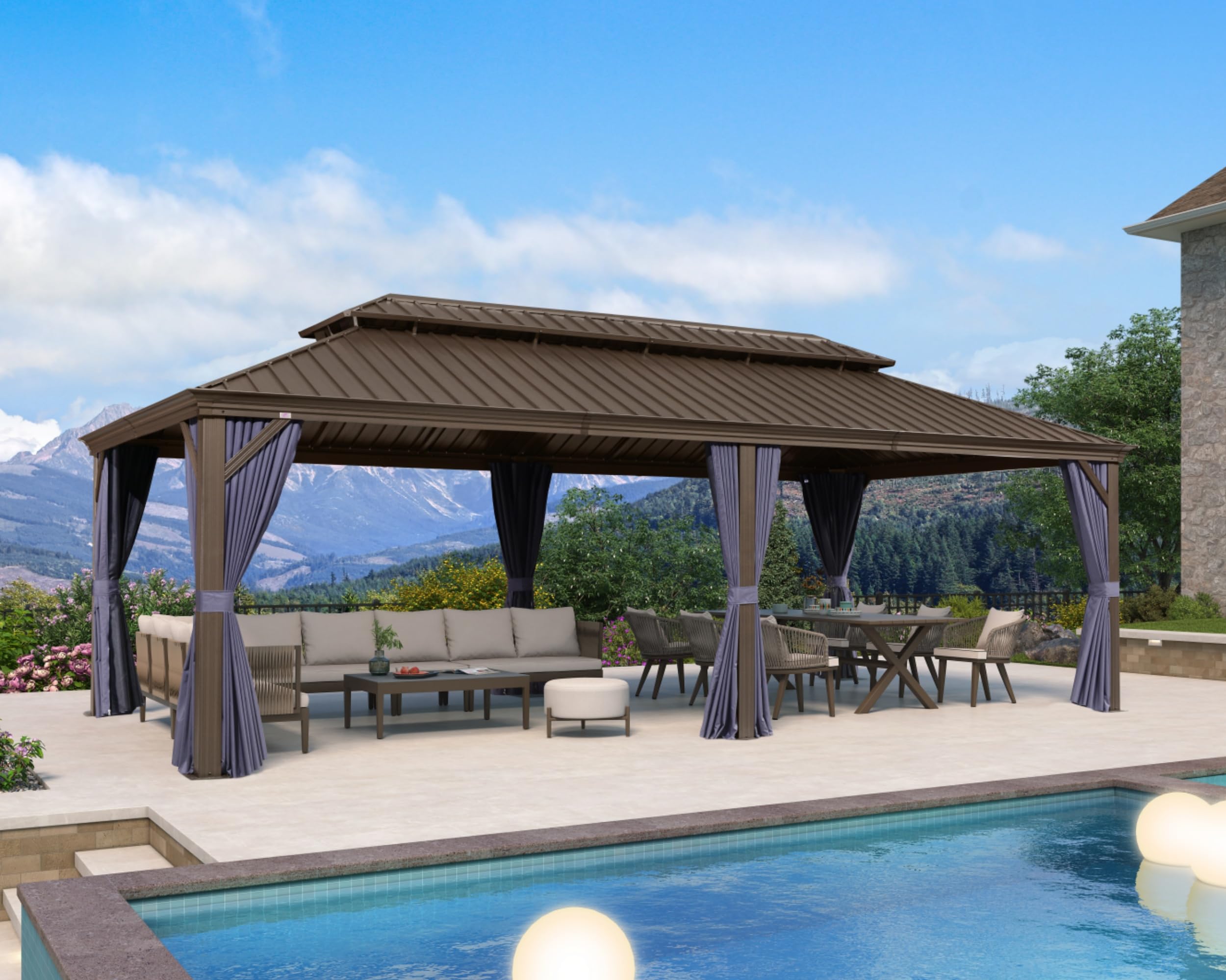 PURPLE LEAF 10' X 12' Hardtop Gazebo Canopy with Netting and Curtains for Outdoor Deck Backyard Heavy Duty Sunshade Outside Metal Patio Permanent Pavilion