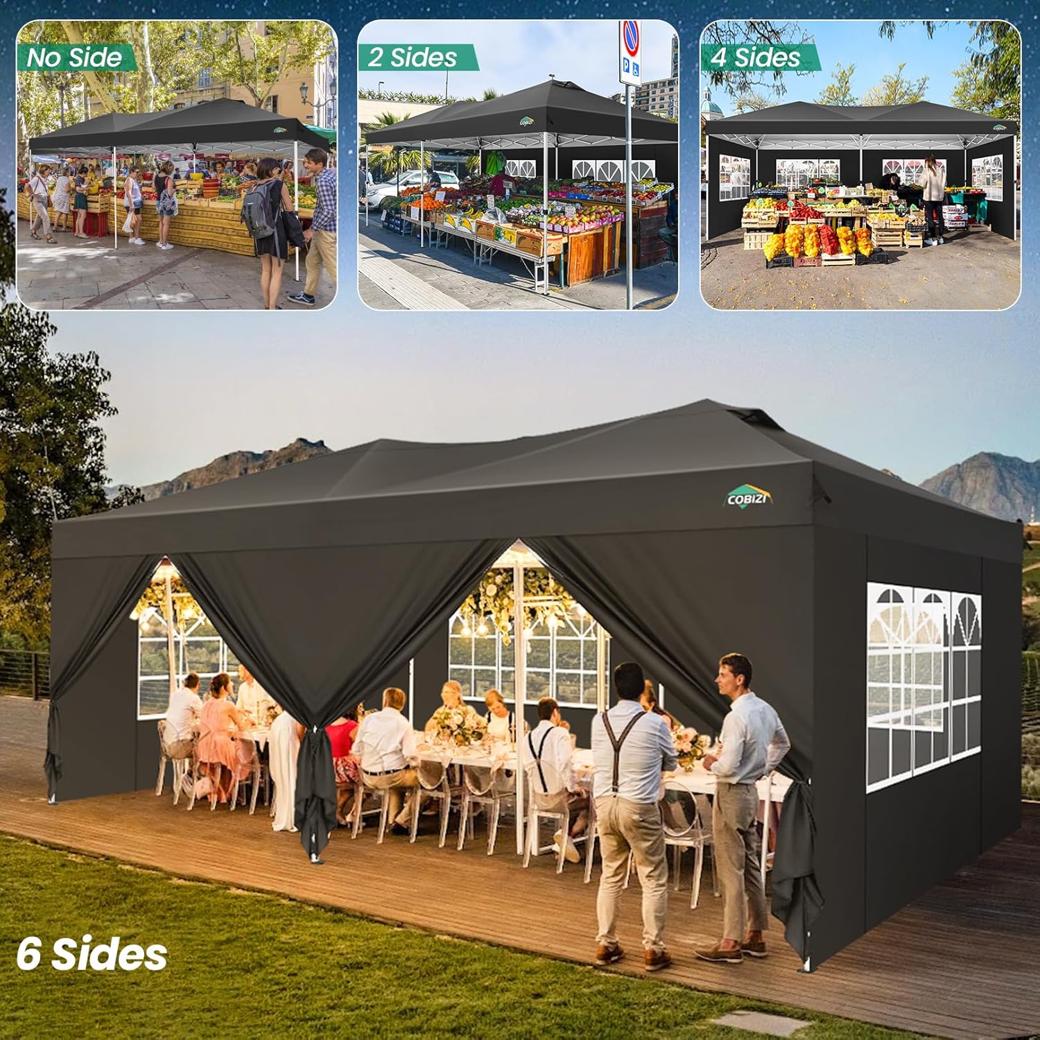 COBIZI Canopy 10x20 Pop Up Canopy Tent with 6 Sidewalls, One Push Party Tents for Parties Outdoor Wedding Waterproof Gazebo Commercial Event Tent with Sandbags, Black