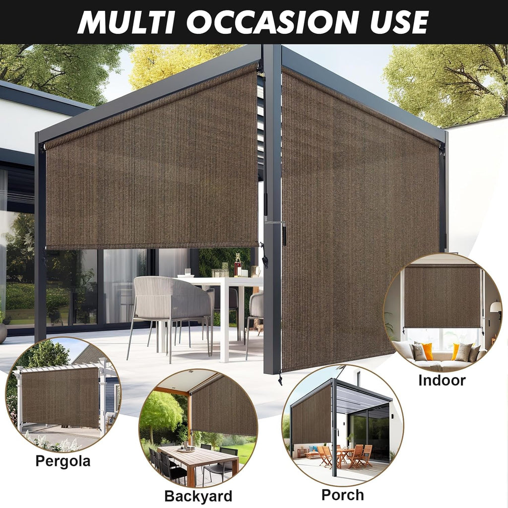 Artpuch Outdoor Roller Shade 8' W x 6' H, Mocha Exterior Cordless Patio Shades Roll Up Blinds with Spliced Pole Design, (2 Poles, One-Piece Fabric)