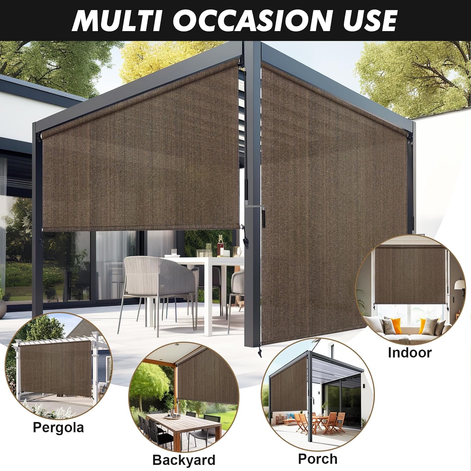Artpuch Outdoor Roller Shade 8' W x 6' H, Mocha Exterior Cordless Patio Shades Roll Up Blinds with Spliced Pole Design, (2 Poles, One-Piece Fabric)