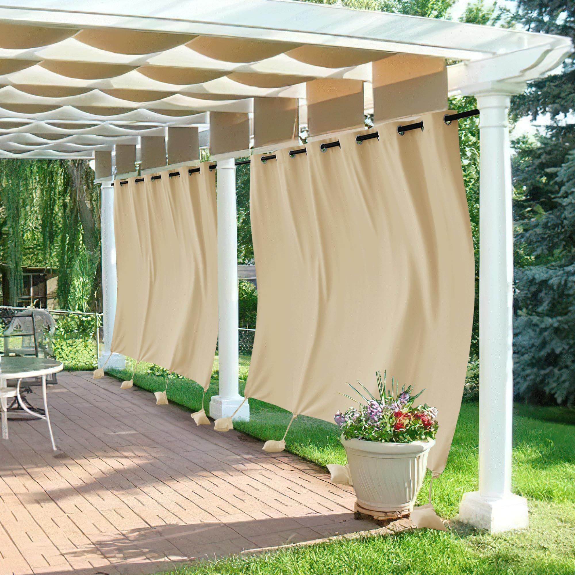 RYB HOME Outdoor Curtains for Patio Windproof with Weighted Bags, 2 Panels Waterproof Blackout Draperies Weather Resist Noise Reducing for Outside Living, W 52 x L 108 inch, Natural