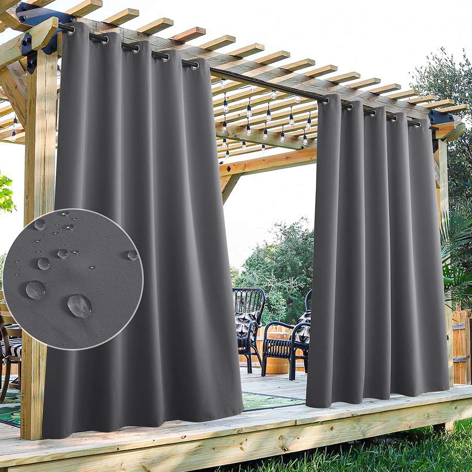 StangH 2 Panels Outdoor Curtains for Patio Waterproof, Blackout Windproof Weatherproof Thermal Insulated Drapes for Pergola/Porch, Thick Privacy Room Dividers for Pool, Grey, W52 x L84
