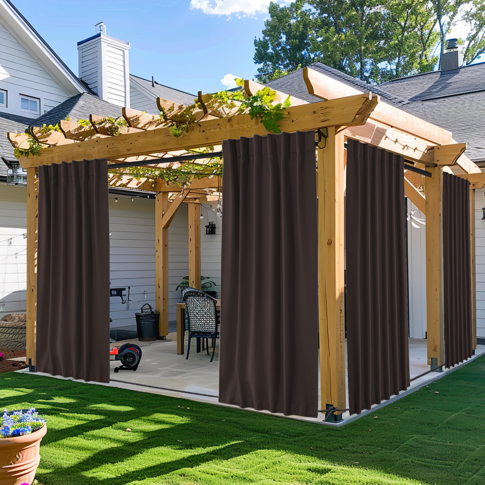 NICETOWN 2 Panels Outdoor Curtains Waterproof Pocket & Back Tab on Top & Bottom, Thermal Insulated Windproof Sun Blocking Outside Privacy Drapes for Patio with Fixed Rope, W84 x L84, Natural