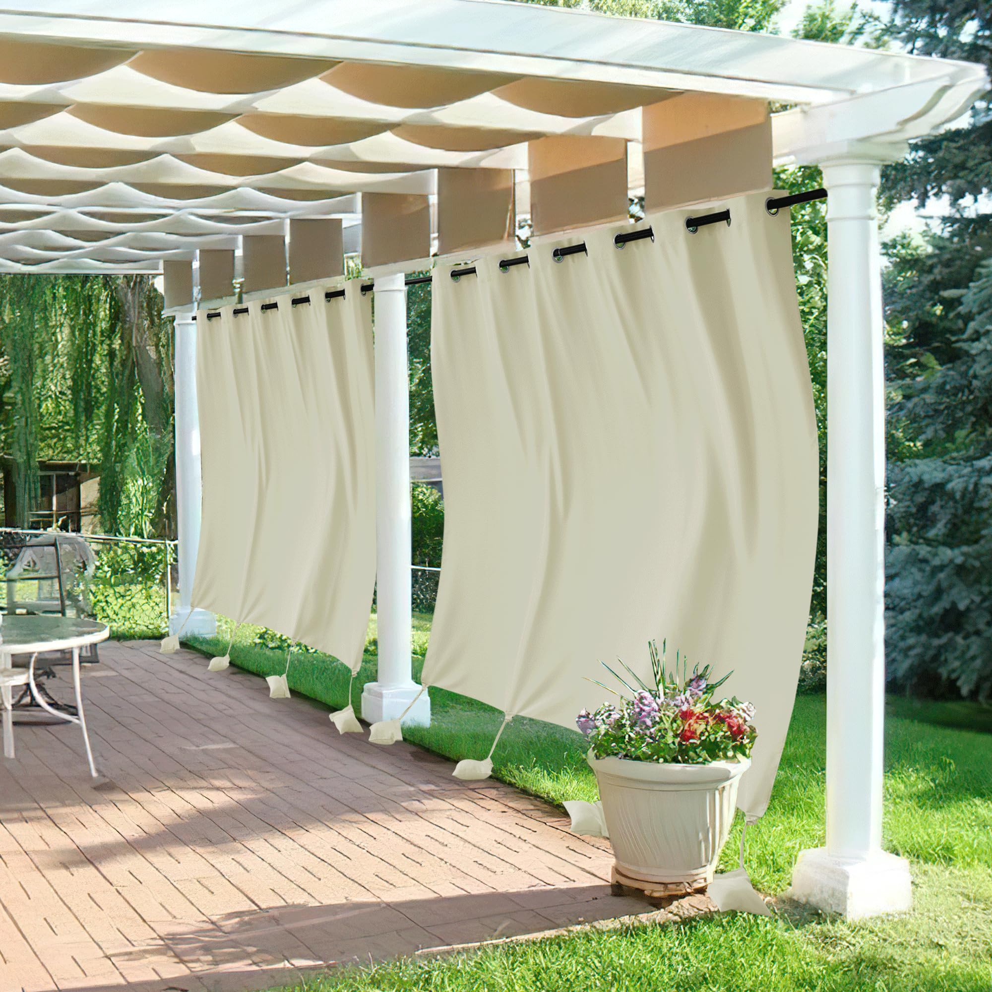 RYB HOME Outdoor Curtains for Patio Windproof with Weighted Bags, 2 Panels Waterproof Blackout Draperies Weather Resist Noise Reducing for Outside Living, W 52 x L 108 inch, Natural