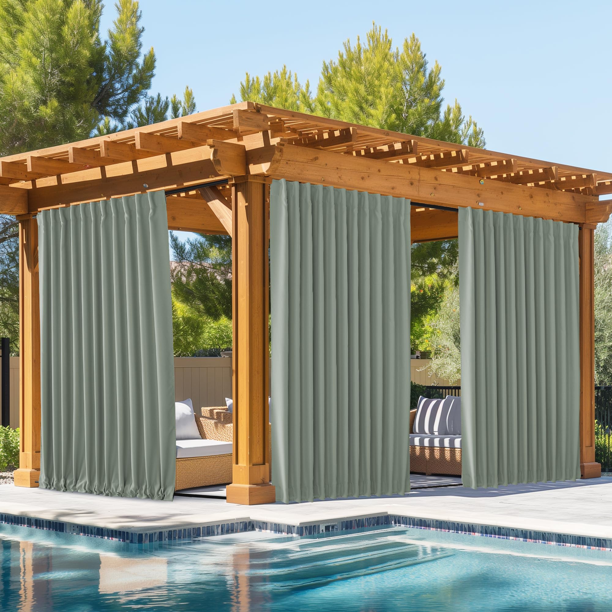 NICETOWN 2 Panels Outdoor Curtains Waterproof Pocket & Back Tab on Top & Bottom, Thermal Insulated Windproof Sun Blocking Outside Privacy Drapes for Patio with Fixed Rope, W84 x L84, Natural
