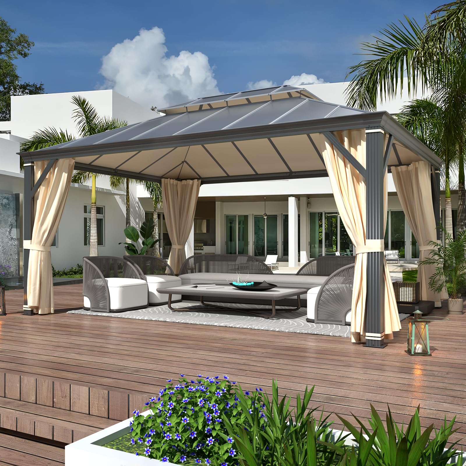 YOLENY 10'x13' Hardtop Gazebo, Outdoor Polycarbonate Double Roof Canopy, Aluminum Frame Permanent Pavilion with Curtains and Netting, Sunshade for Garden, Lawns, Patio