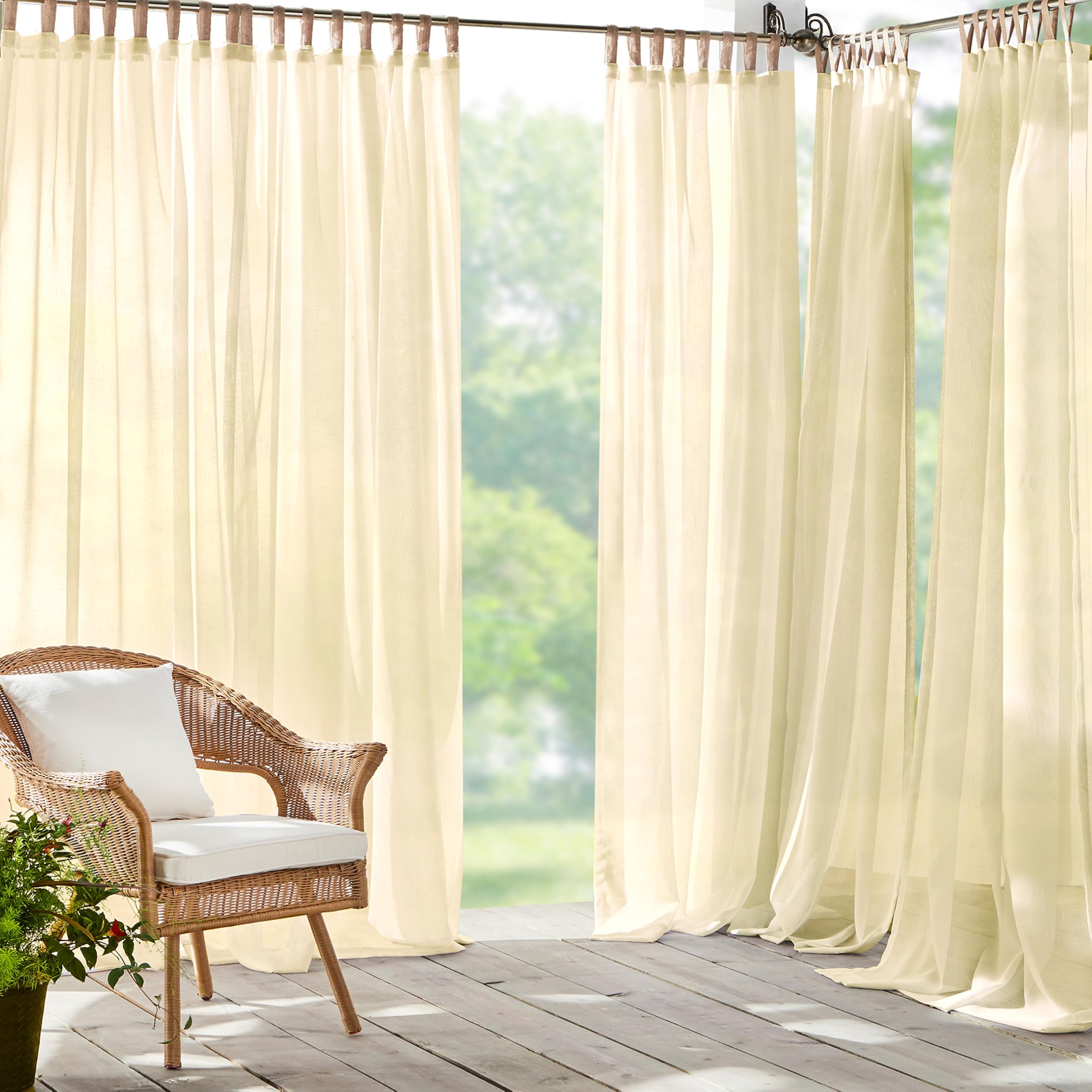Elrene Home Fashions Darien Weatherproof Tab-Top Sheer Solid Color Indoor/Outdoor Curtain Panel for Porch, Pergola, Patio, Deck, 52”W x 108”L, Natural