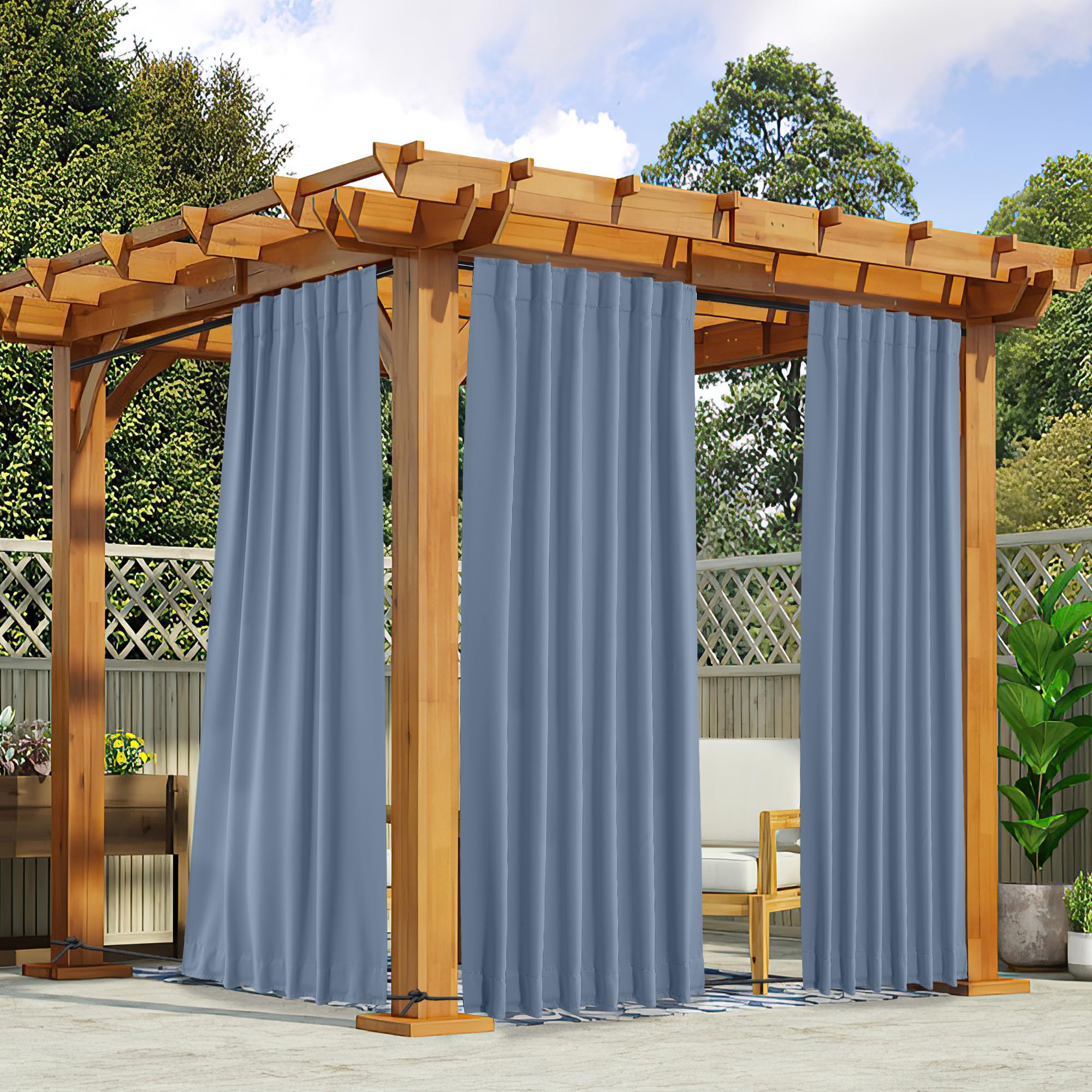 NICETOWN 2 Panels Outdoor Curtains Waterproof Pocket & Back Tab on Top & Bottom, Thermal Insulated Windproof Sun Blocking Outside Privacy Drapes for Patio with Fixed Rope, W84 x L84, Natural
