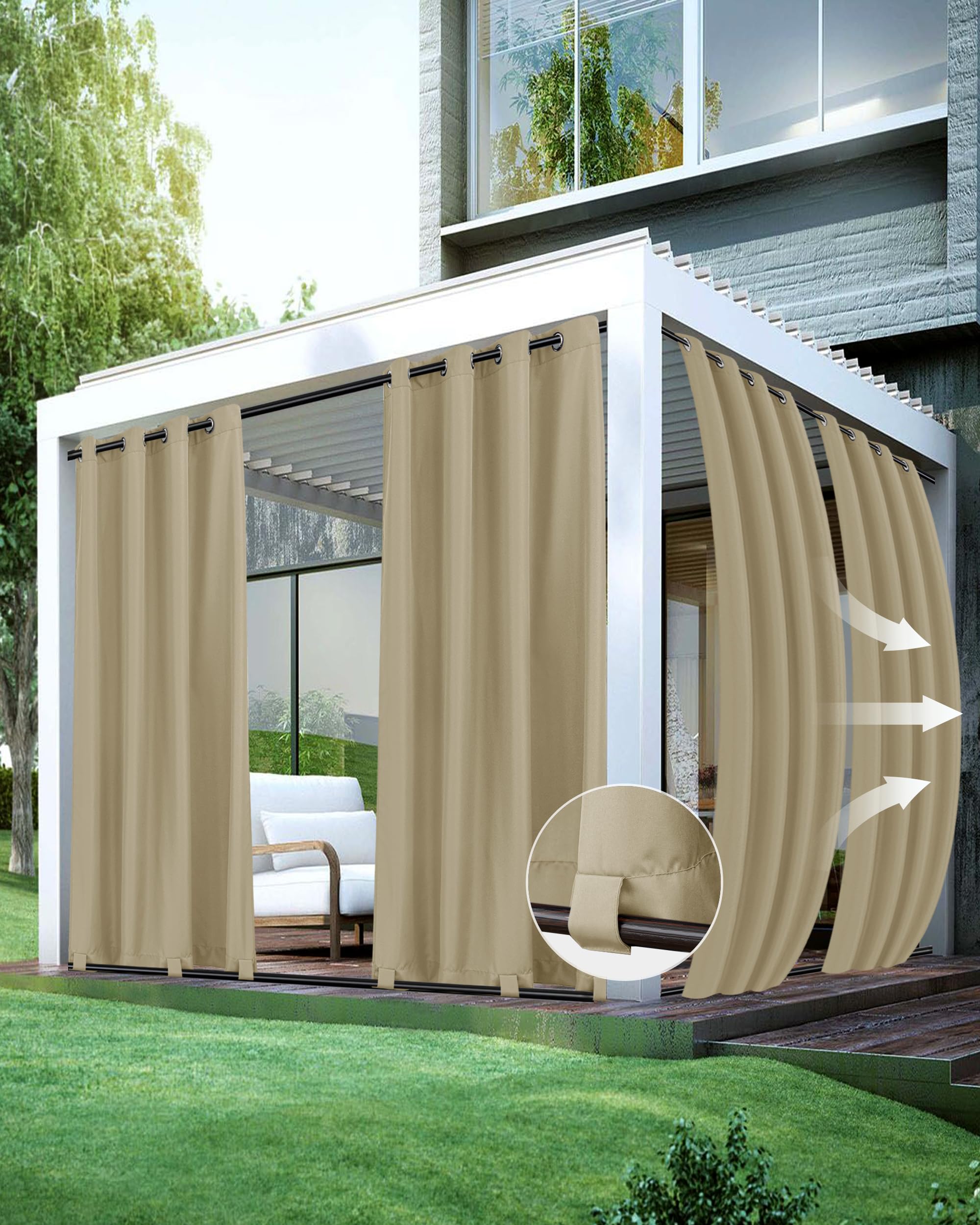 HolidayIdeas Outdoor Curtains for Patio Waterproof 4 Panels 54x95 Inch-Windproof Weatherproof Privacy White Curtains-Grommet Top and Tab Bottom Drape for Gazebo, Porch, Pergola, Cabana, Backyard