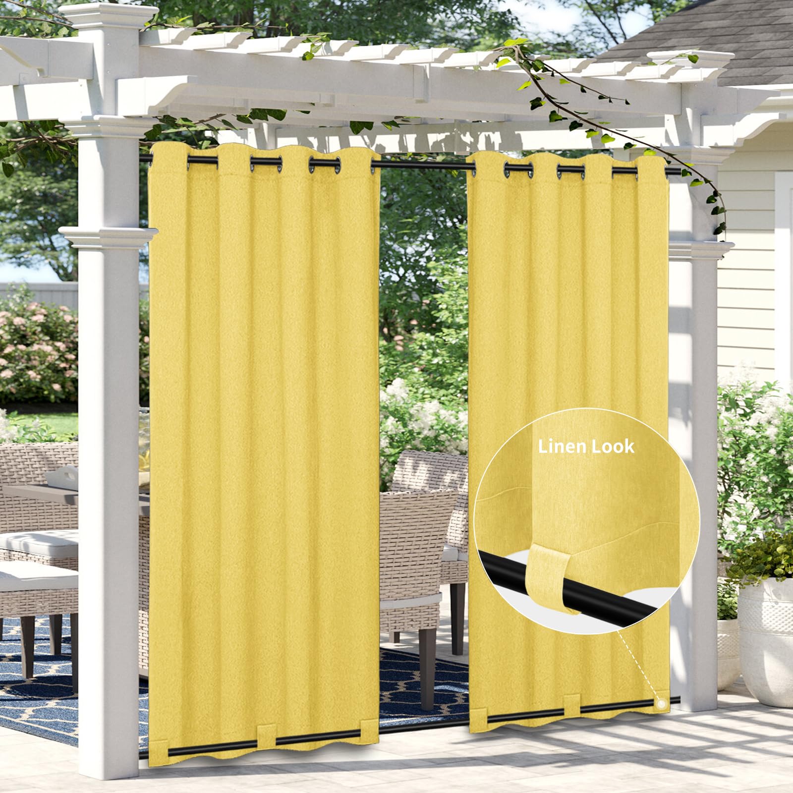 Easy-Going Linen Look Outdoor Curtains Waterproof Windproof Porch Curtains, Soft Thicken Outdoor Privacy Curtains for Patio, Gazebo, Grommet Top and Tab Bottom Drape, 1 Panel, 54x84 inch, White