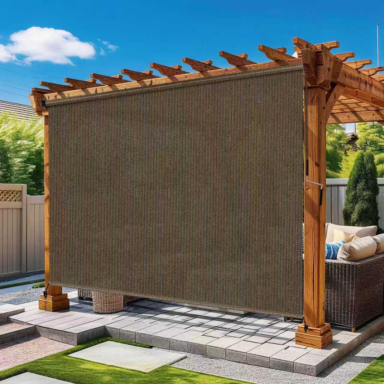 Grey Outdoor Roller Shades 8' W x 8' H, Exterior Cordless Patio Shade Roll up-Down Blinds Spliced Design (Fixed 2 Poles, One-Full Piece Fabric Sunshade)