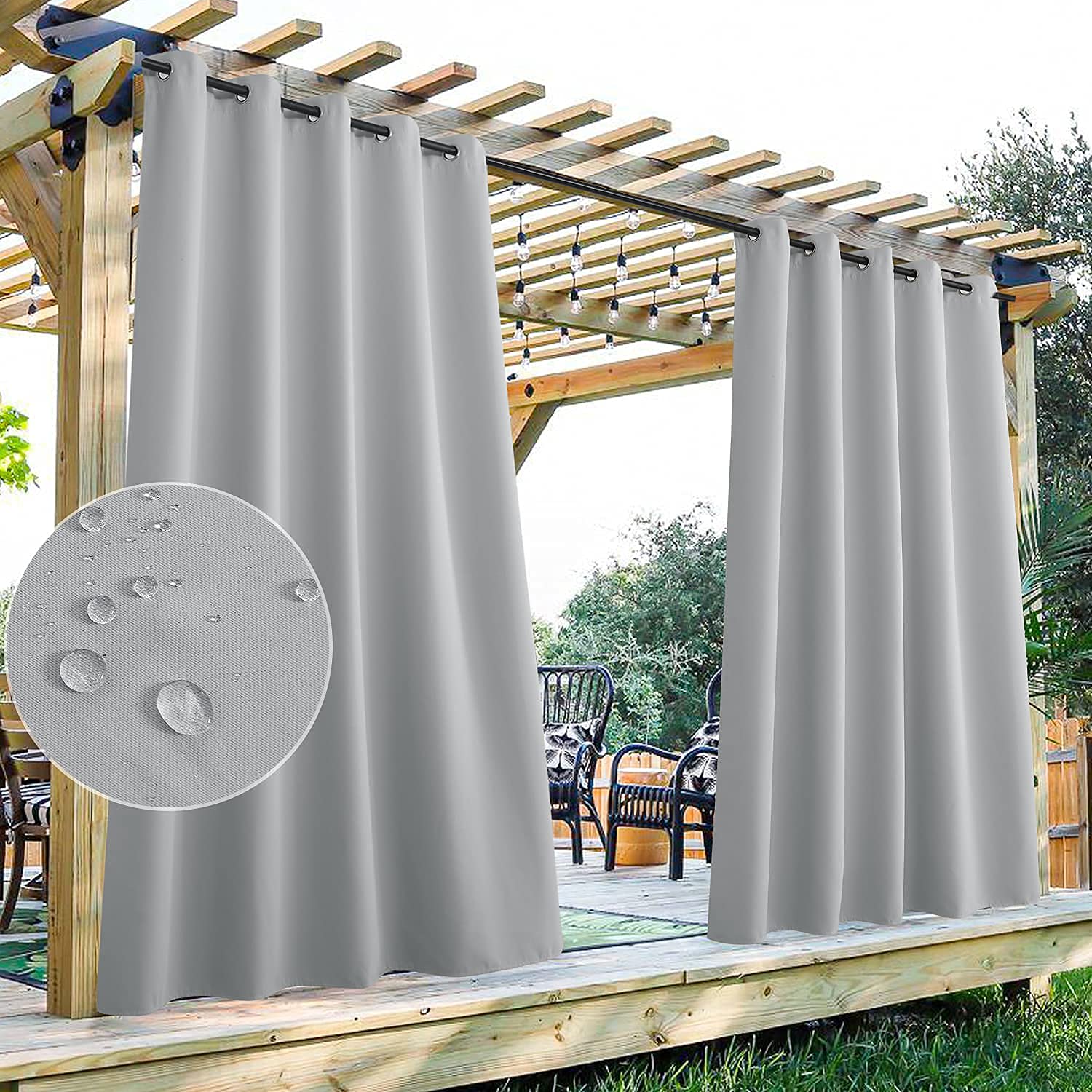 StangH 2 Panels Outdoor Curtains for Patio Waterproof, Blackout Windproof Weatherproof Thermal Insulated Drapes for Pergola/Porch, Thick Privacy Room Dividers for Pool, Grey, W52 x L84