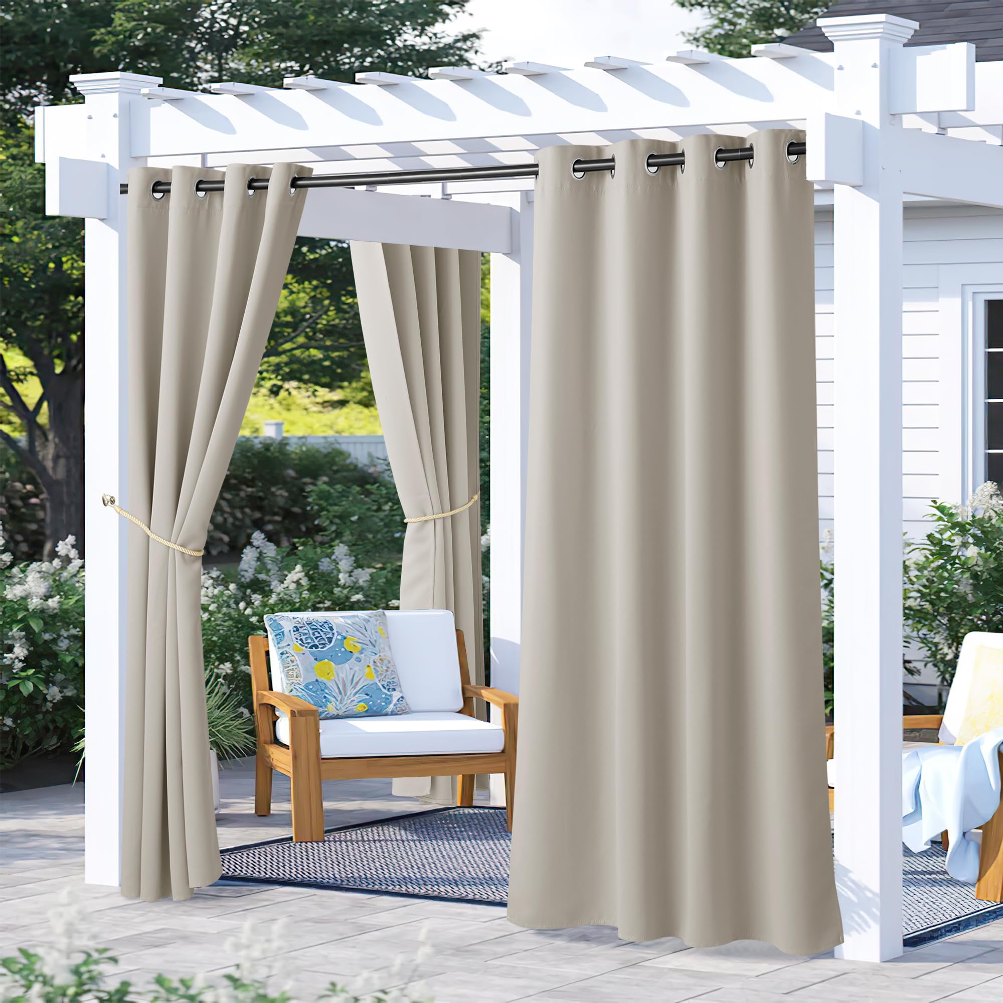 NICETOWN Outdoor Curtains for Patio Waterproof 95" L, Blackout Gazebo Curtain for Pergola/Porch Weatherproof, UV & Privacy Protection Outside Drape, 52" Wide, 1 Panel, Biscotti Beige