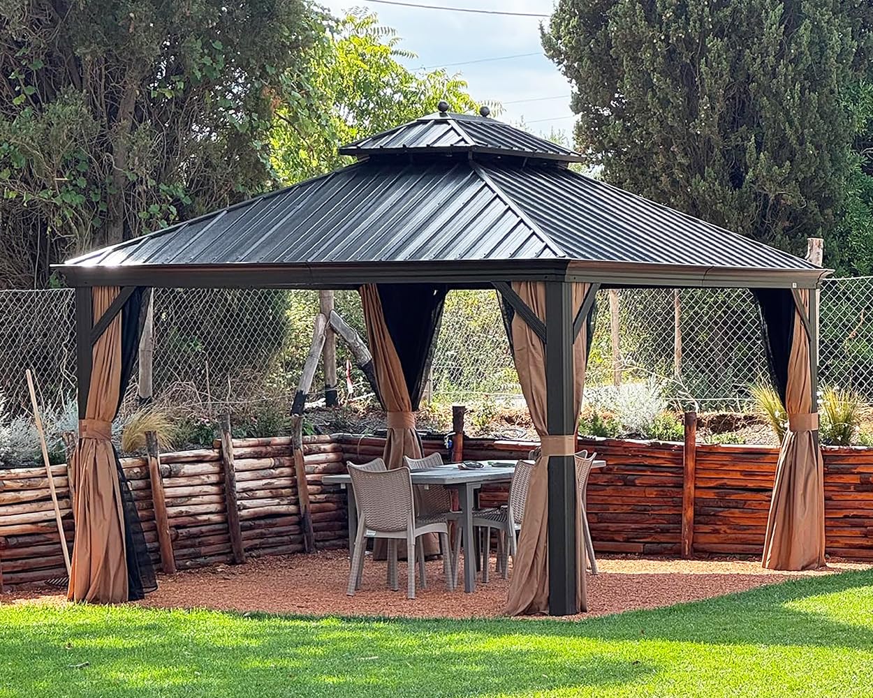 PURPLE LEAF 10' X 12' Hardtop Gazebo Canopy with Netting and Curtains for Outdoor Deck Backyard Heavy Duty Sunshade Outside Metal Patio Permanent Pavilion