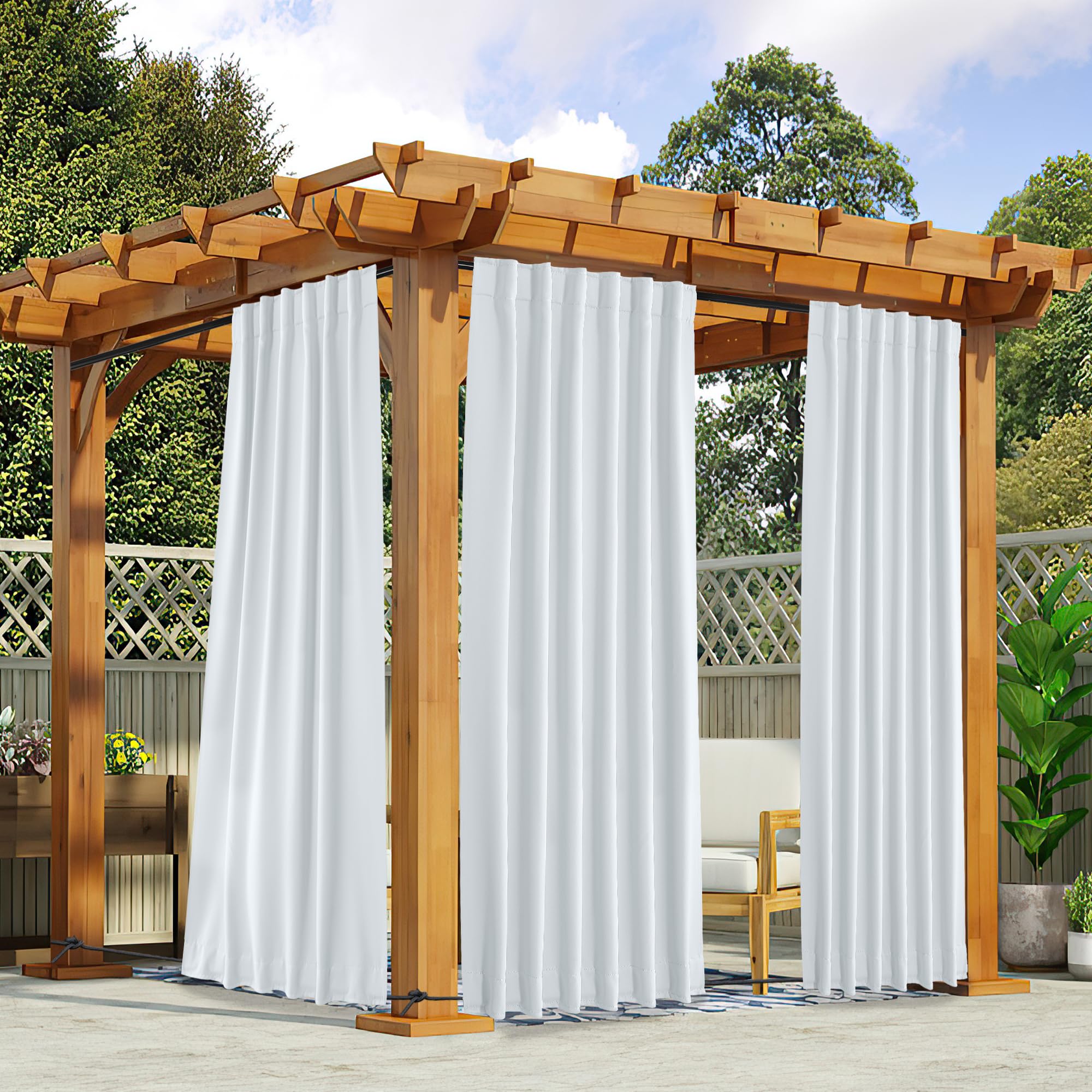 NICETOWN 2 Panels Outdoor Curtains Waterproof Pocket & Back Tab on Top & Bottom, Thermal Insulated Windproof Sun Blocking Outside Privacy Drapes for Patio with Fixed Rope, W84 x L84, Natural