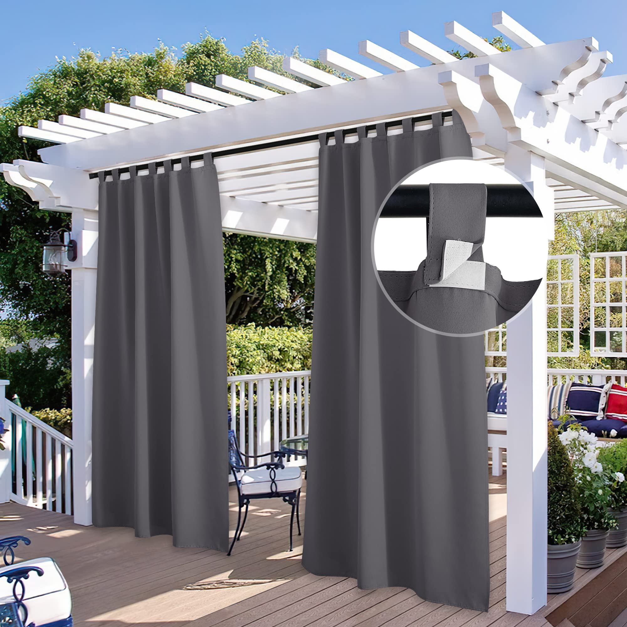 StangH 2 Panels Outdoor Curtains for Patio Waterproof, Blackout Windproof Weatherproof Thermal Insulated Drapes for Pergola/Porch, Thick Privacy Room Dividers for Pool, Grey, W52 x L84