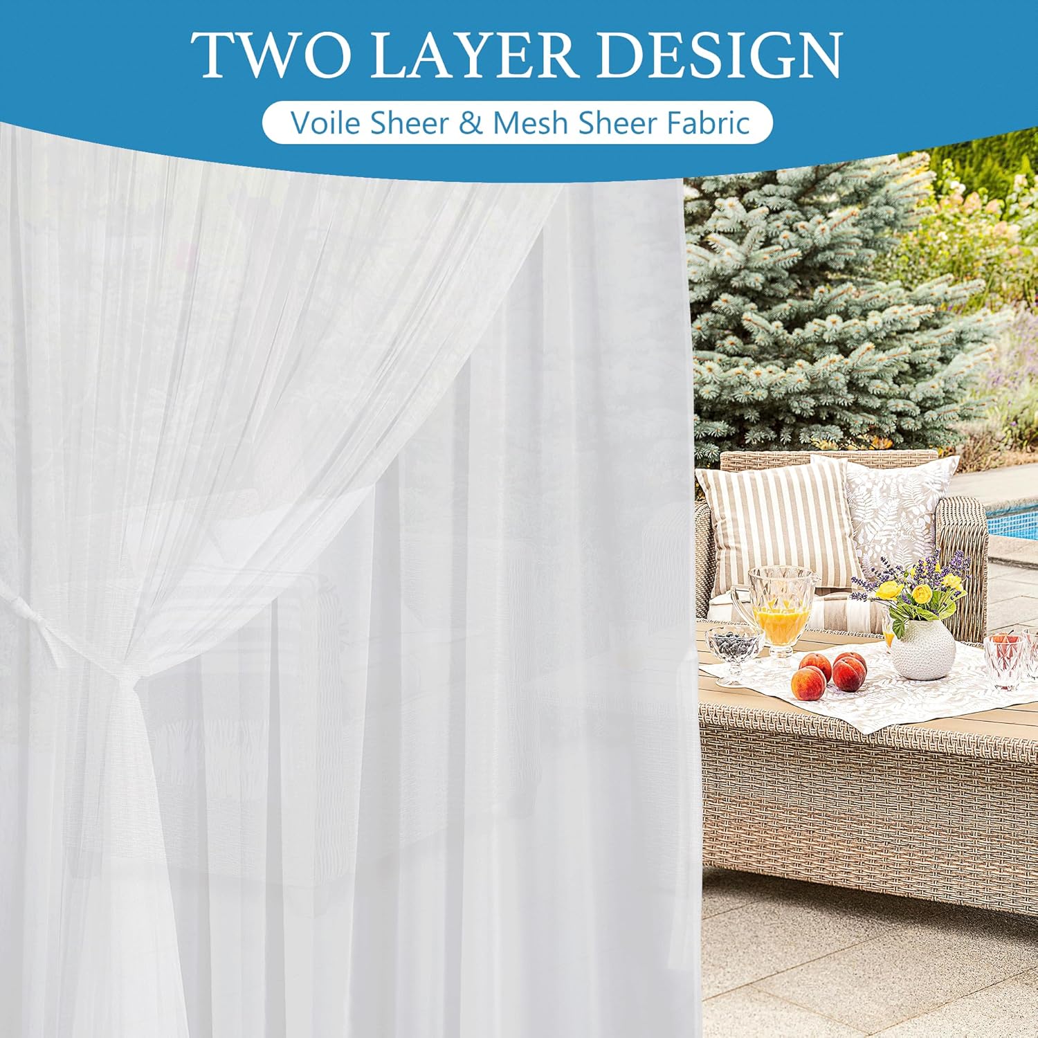 RYB HOME 2 Layers White Outdoor Sheer Curtains for Patio Waterproof, Privacy Added Voile Sheer Light Filtering Outdoor Decor Indoor Curtains for Porch Pergola Living Room, W54 x L84, White, 2 Panels
