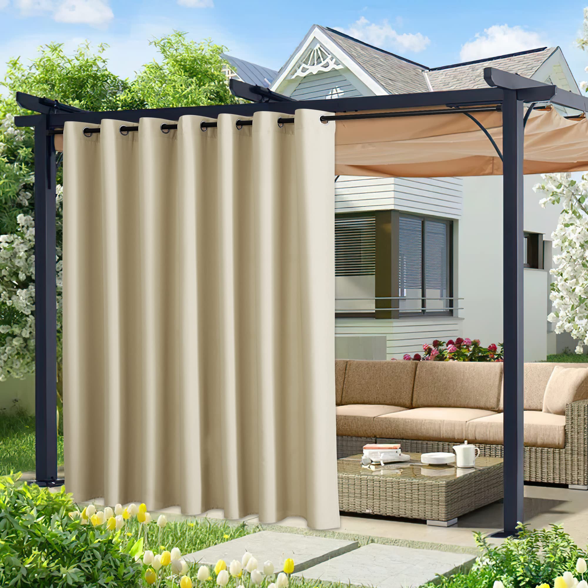 NICETOWN Outdoor Curtains for Patio Waterproof 95" L, Blackout Gazebo Curtain for Pergola/Porch Weatherproof, UV & Privacy Protection Outside Drape, 52" Wide, 1 Panel, Biscotti Beige