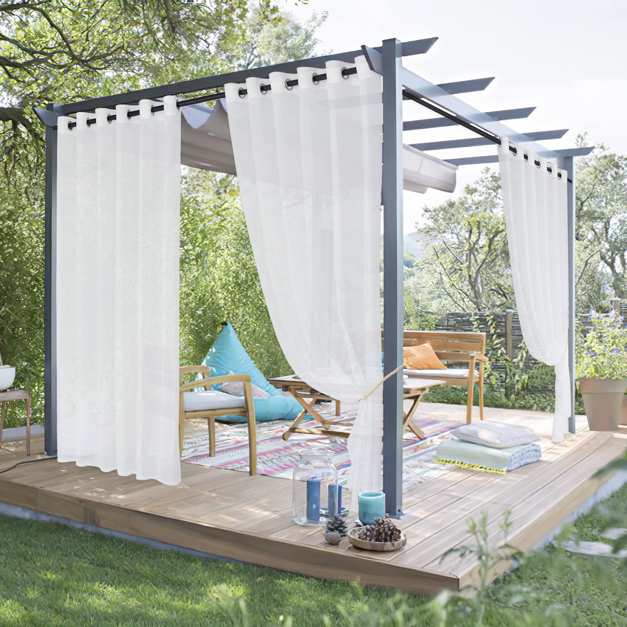 NICETOWN 2 Panels Voile Sheer Patio Outdoor Curtains 108" L Waterproof, Rustproof Grommet Light Filtering Indoor Outdoor Sheer Curtain Drapes for Cabana/Arbor, Ivory, W54 x L108